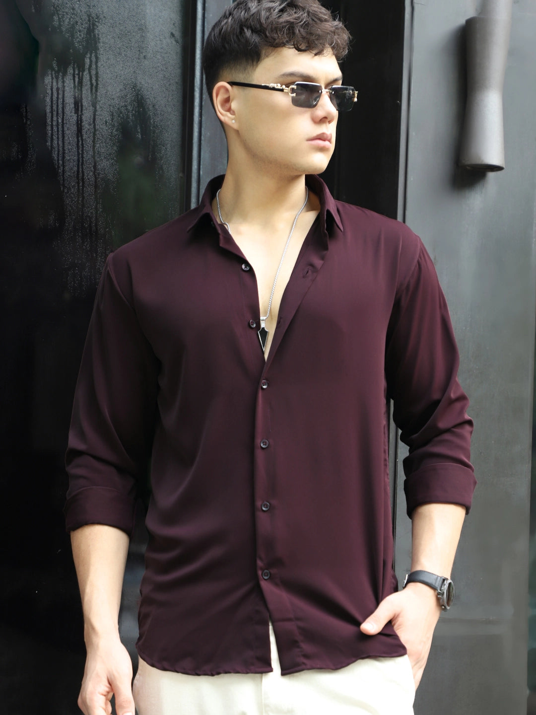 Oro Nero Wine Full Sleeve Plain Shirt