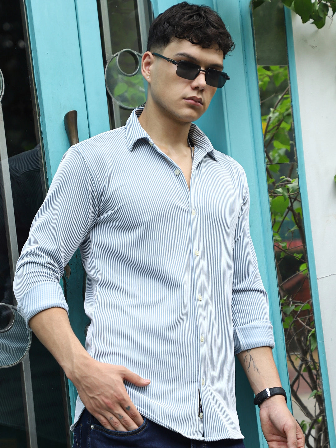 Sogno Lucido Sky Blue Striped Full Sleeve Shirt