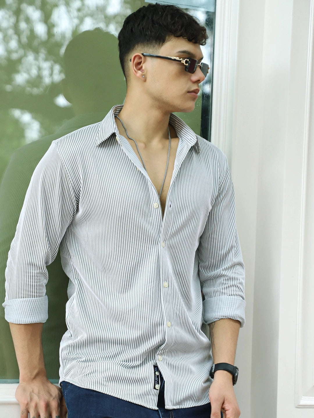 Sogno Lucido Dark Green Striped Full Sleeve Shirt