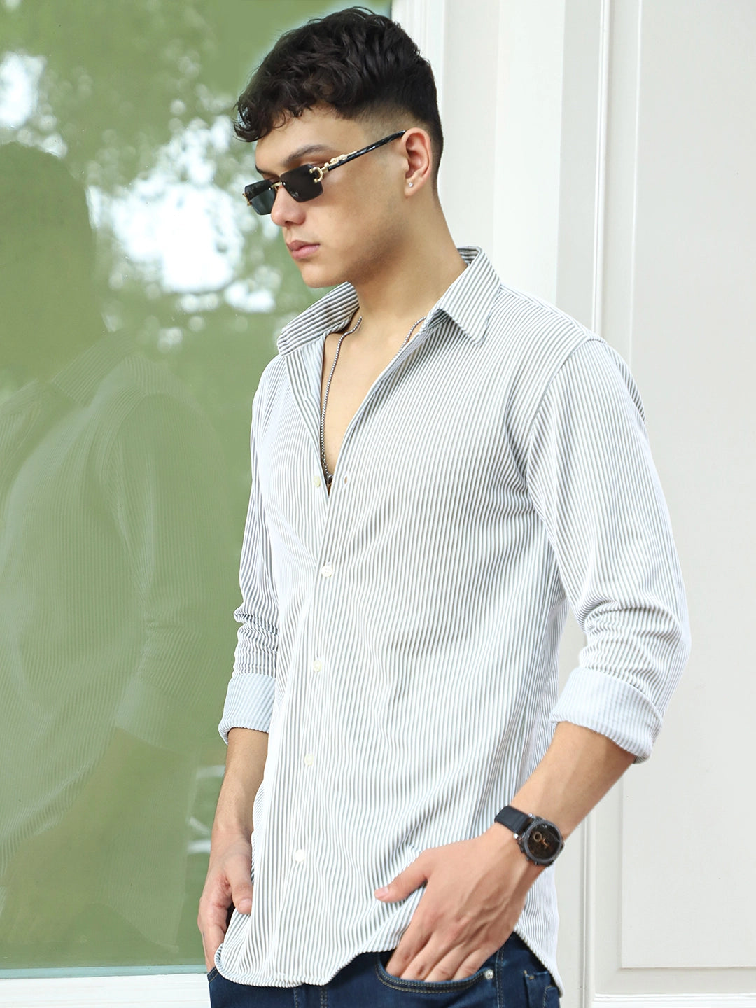 Sogno Lucido Dark Green Striped Full Sleeve Shirt