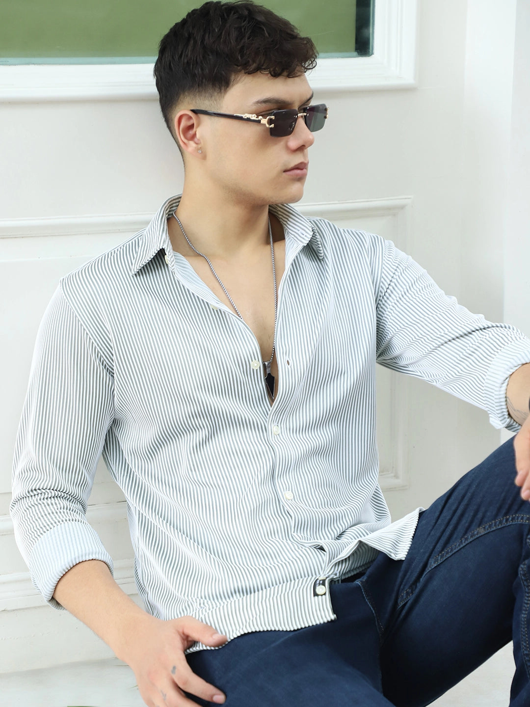 Sogno Lucido Dark Green Striped Full Sleeve Shirt