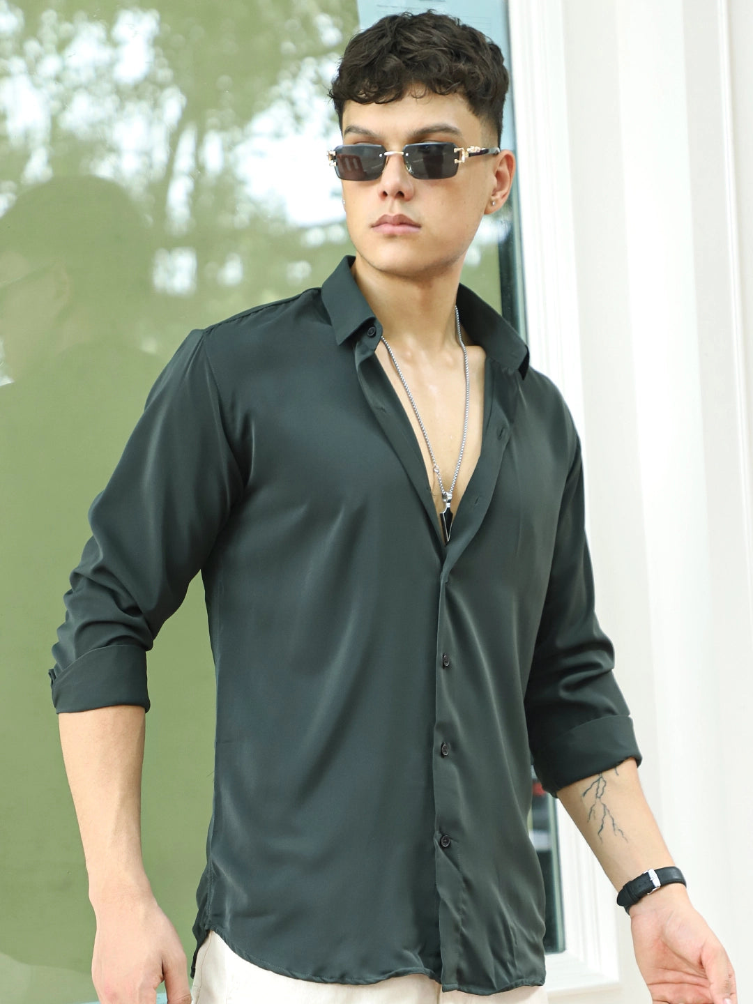 Oro Nero Dark Green Full Sleeve Plain Shirt