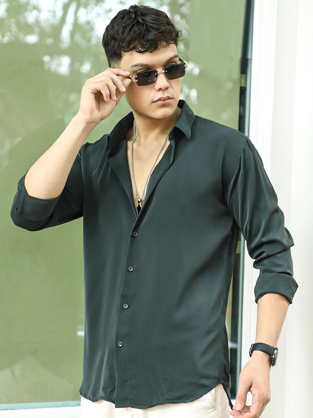 Oro Nero Dark Green Full Sleeve Plain Shirt