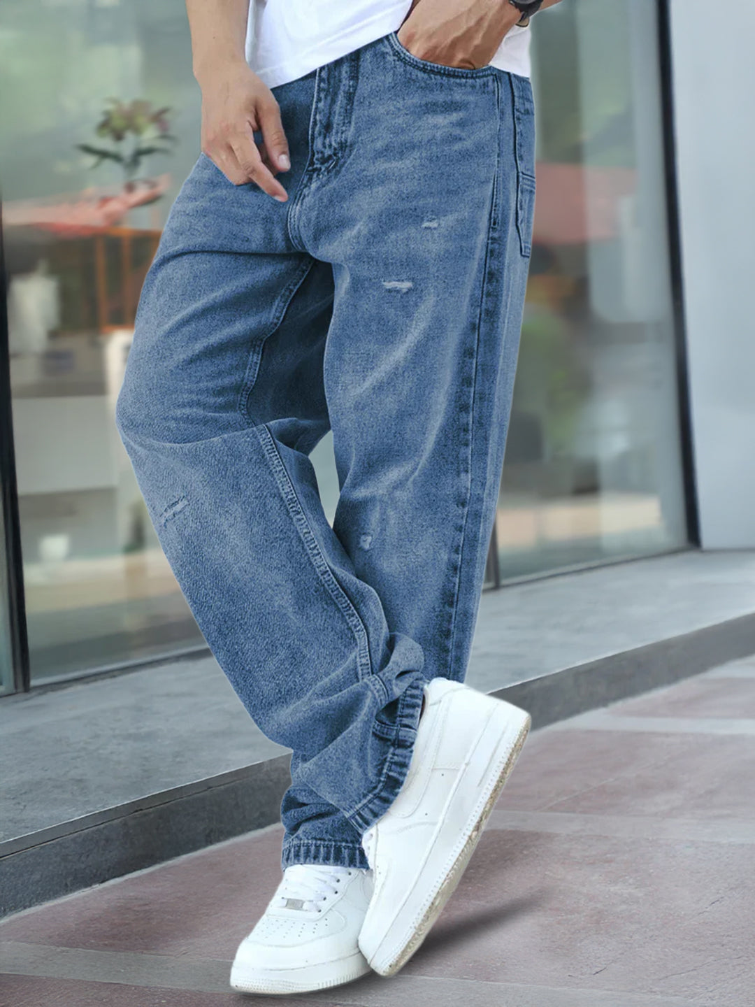 Raw Edge Denim Blue Baggy Fit Jeans