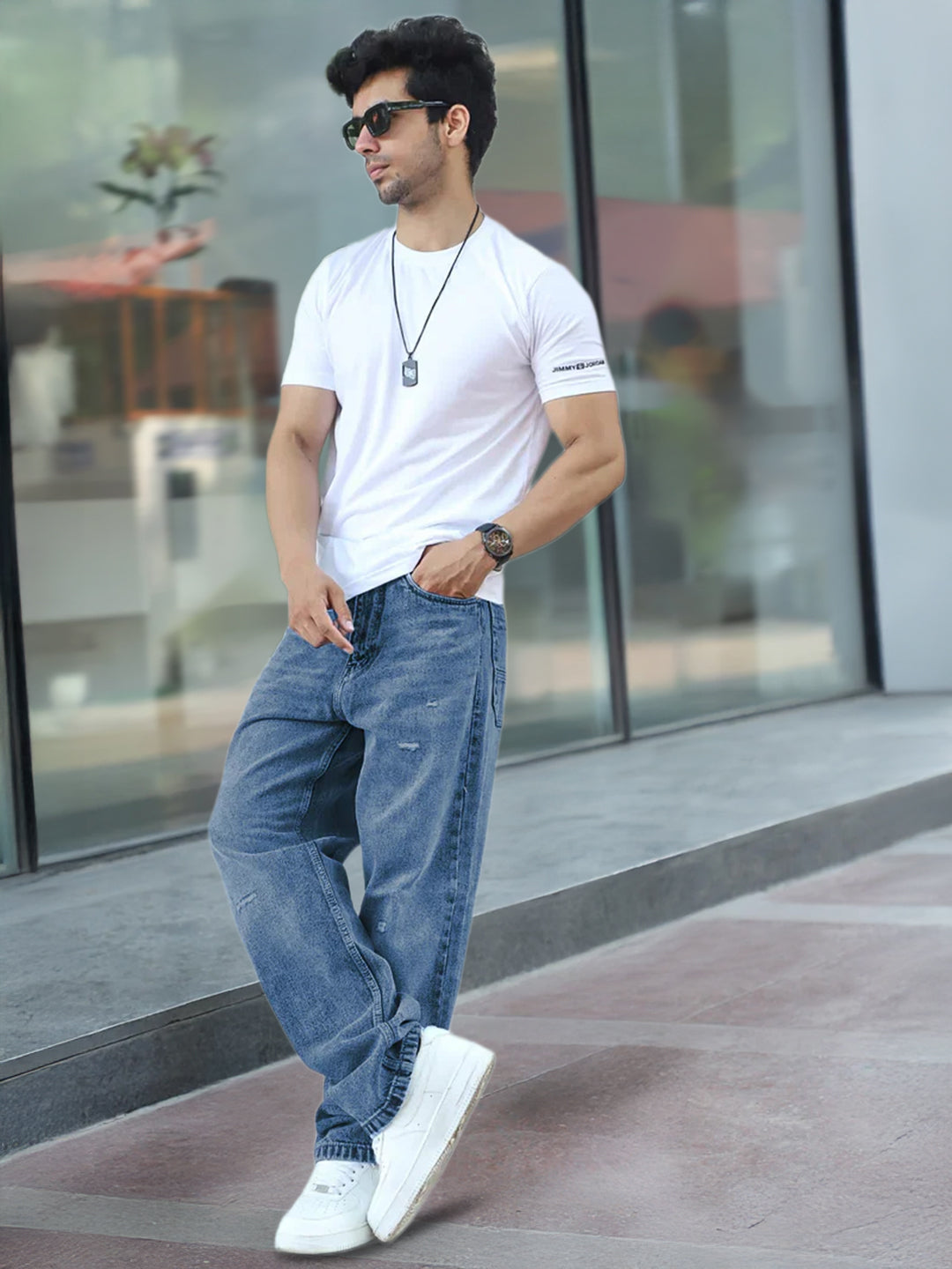 Raw Edge Denim Blue Baggy Fit Jeans