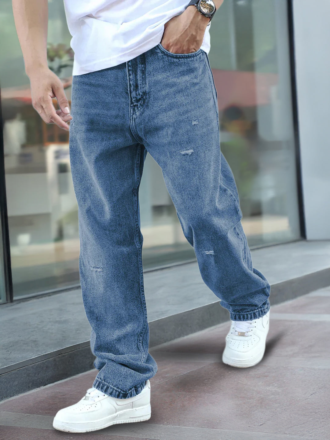 Raw Edge Denim Blue Baggy Fit Jeans