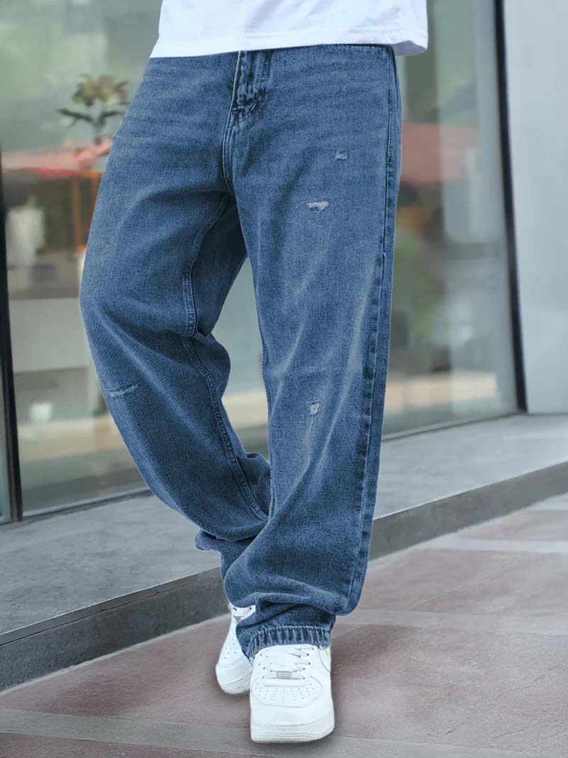 Raw Edge Denim Blue Baggy Fit Jeans