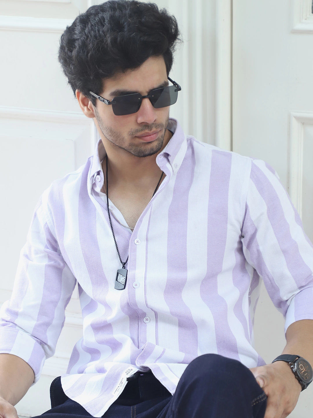 Oaken Espresso Lavender Stripe Linen Shirt