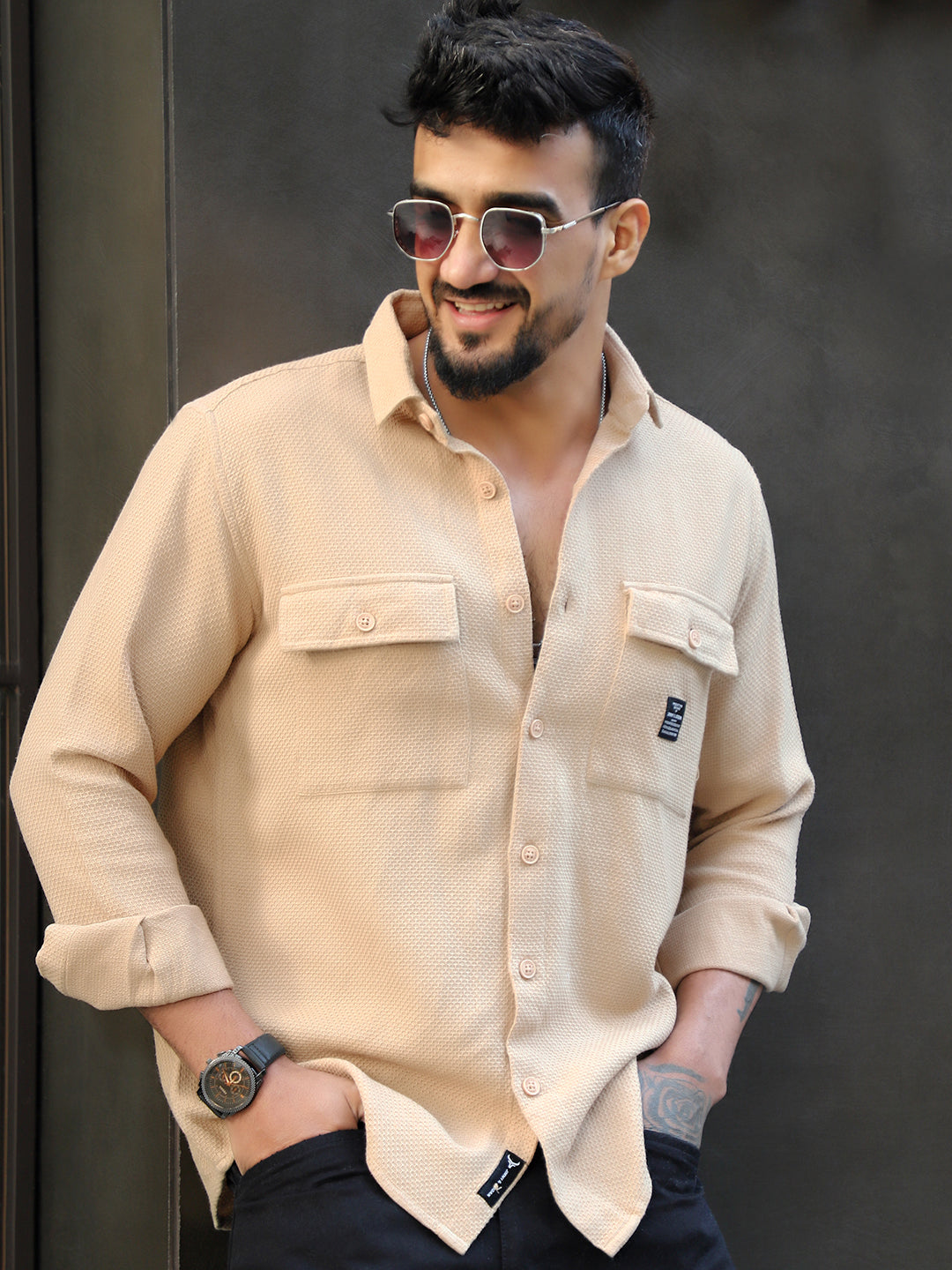 Tuscan Almond Brown Texture Full Sleeve Shirt