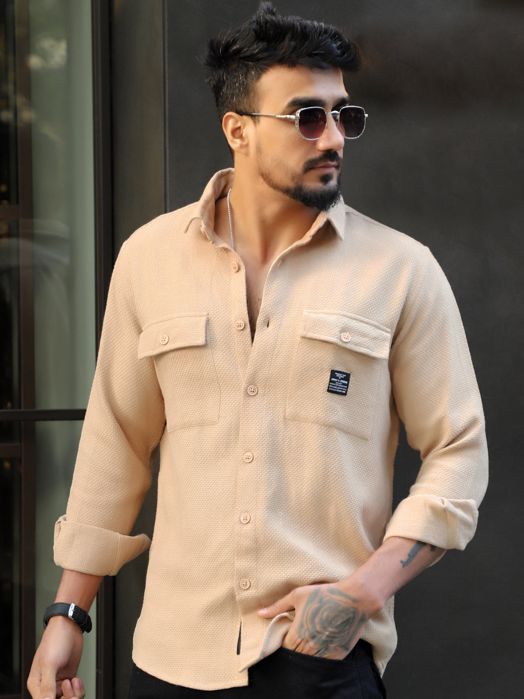 Tuscan Almond Brown Texture Full Sleeve Shirt