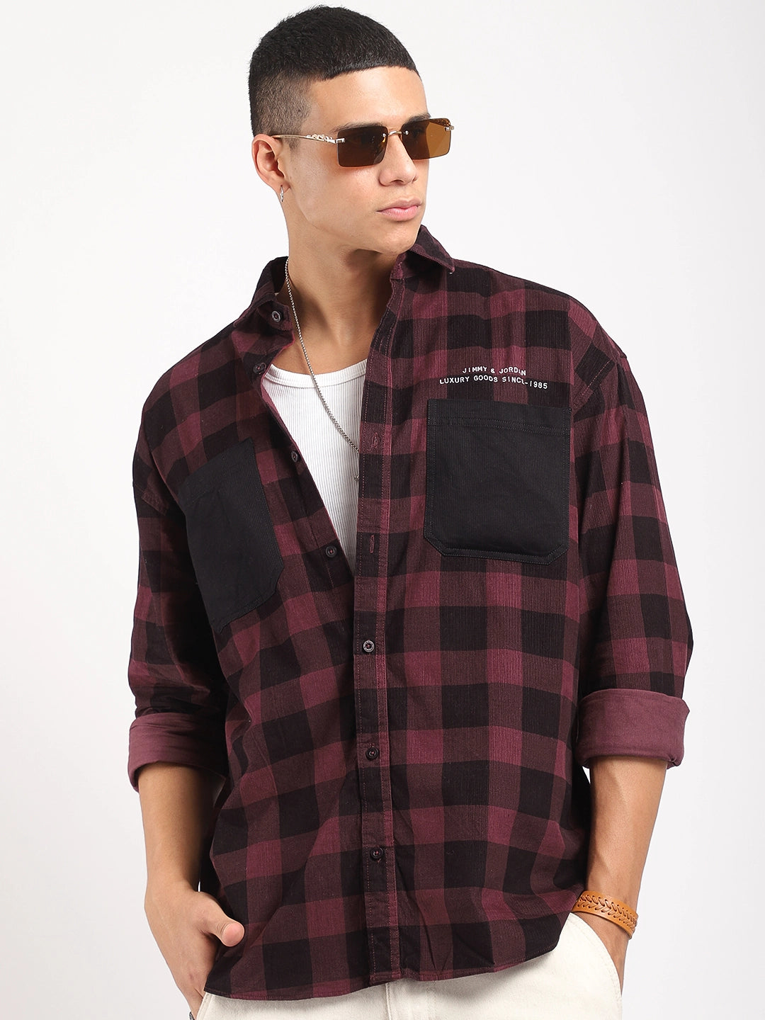 Duchess Corduroy Check Wine Full Sleeve Shirt