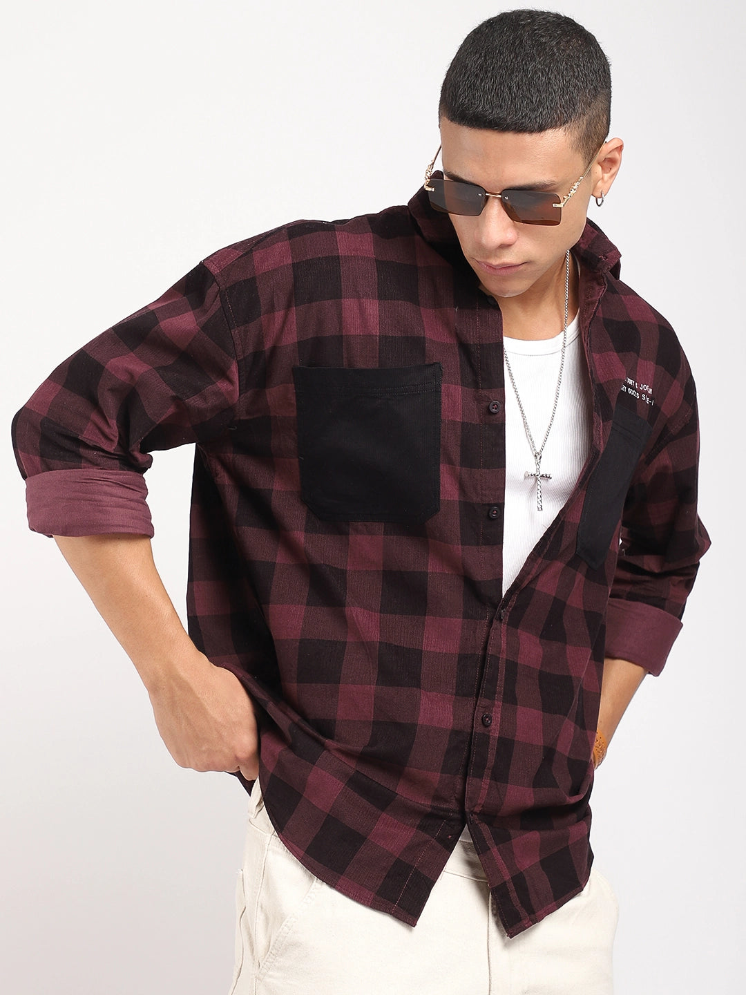 Duchess Corduroy Check Wine Full Sleeve Shirt