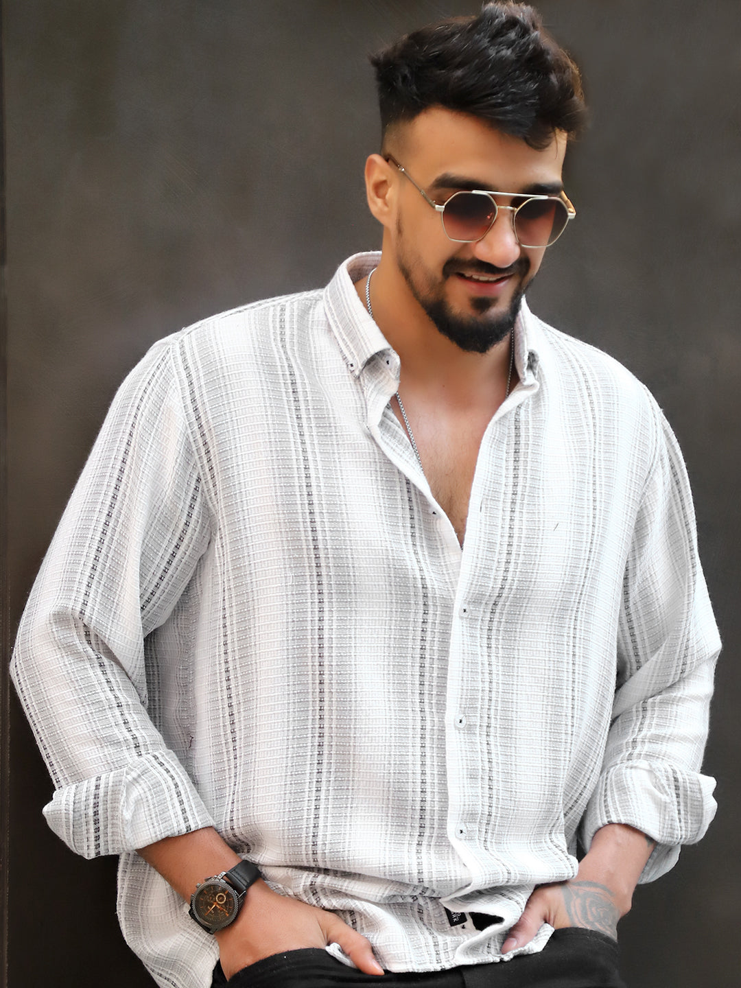 Sable Tone Light Grey Stripe Full Sleeve Shirt