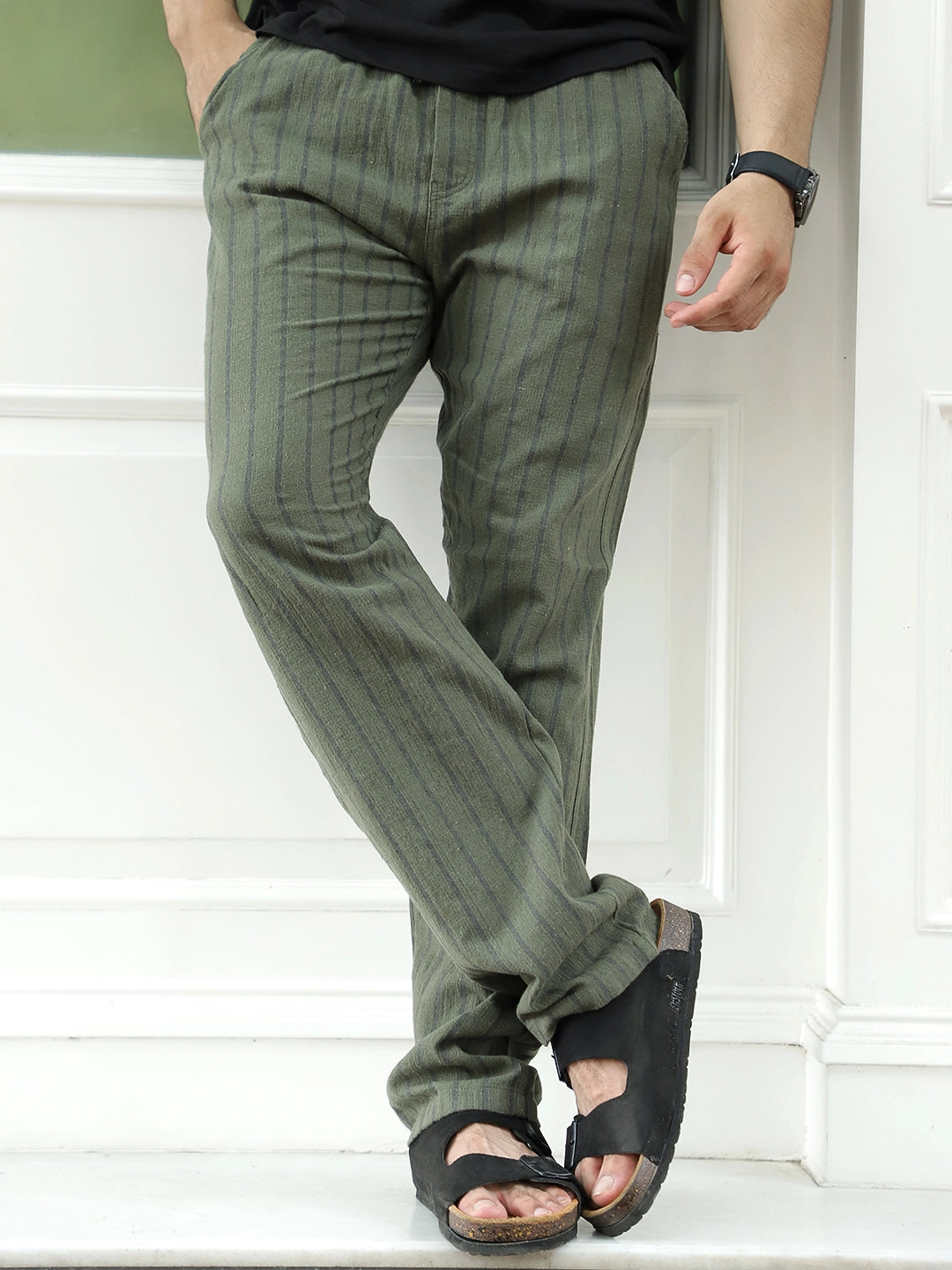Mavero Olive Green Stripe Trouser