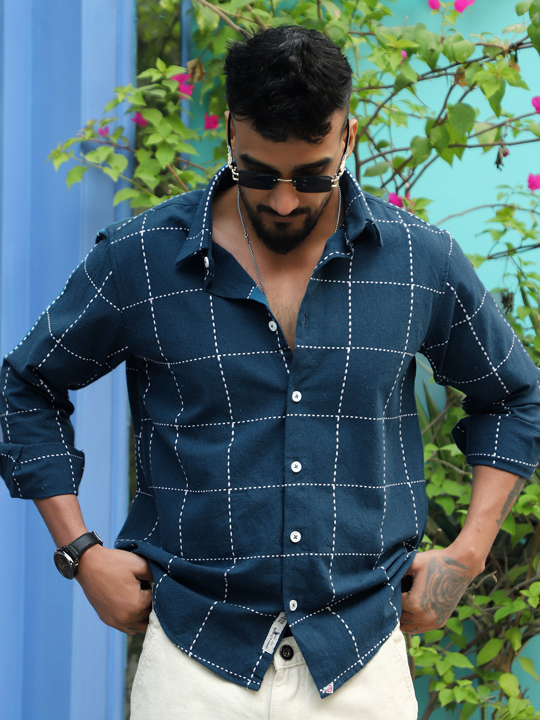 Skywave Teal Blue Check Full Sleeve Shirt
