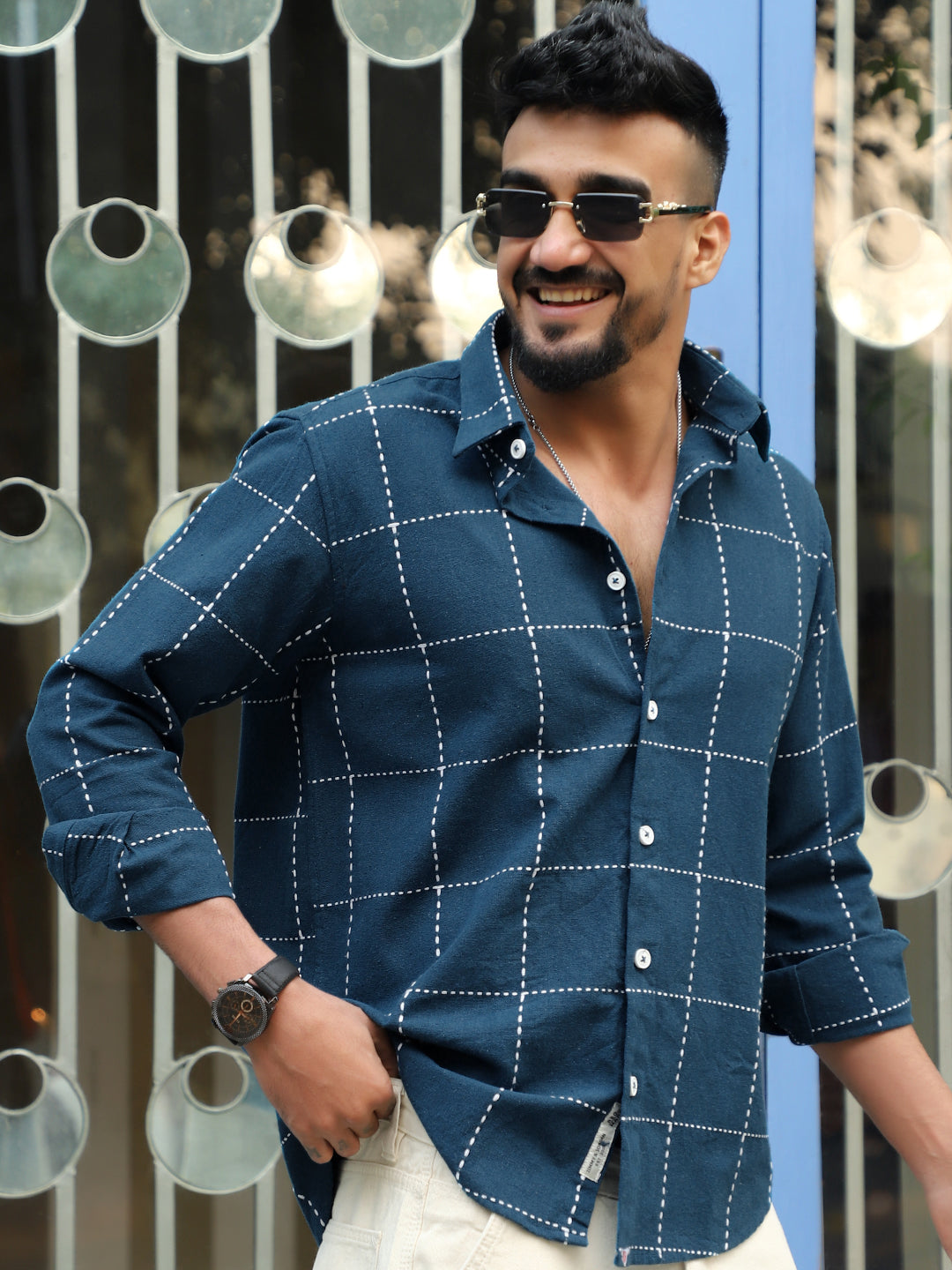 Skywave Teal Blue Check Full Sleeve Shirt