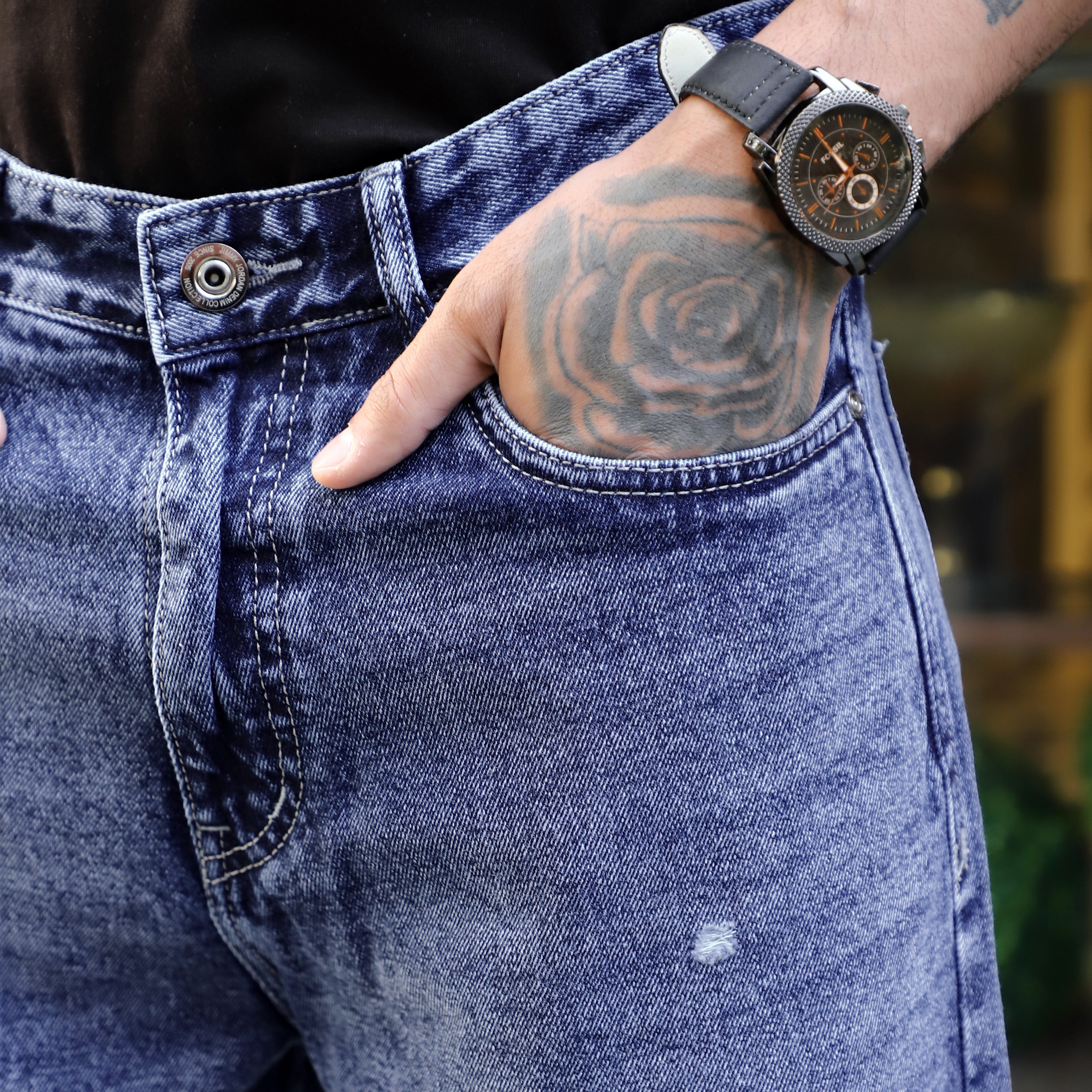 Raw Edge Denim Blue Baggy Fit Jeans