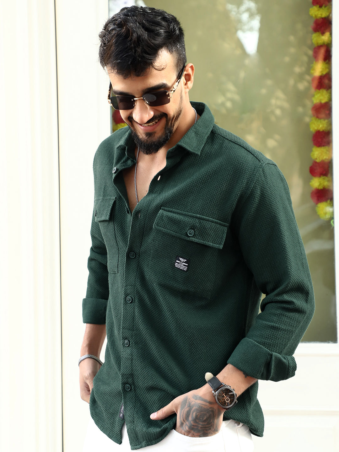 Tuscan Dark Green Texture Full Sleeve Shirt