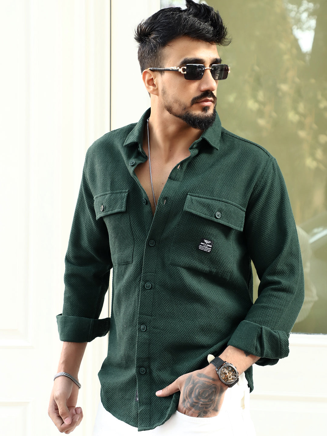 Tuscan Dark Green Texture Full Sleeve Shirt