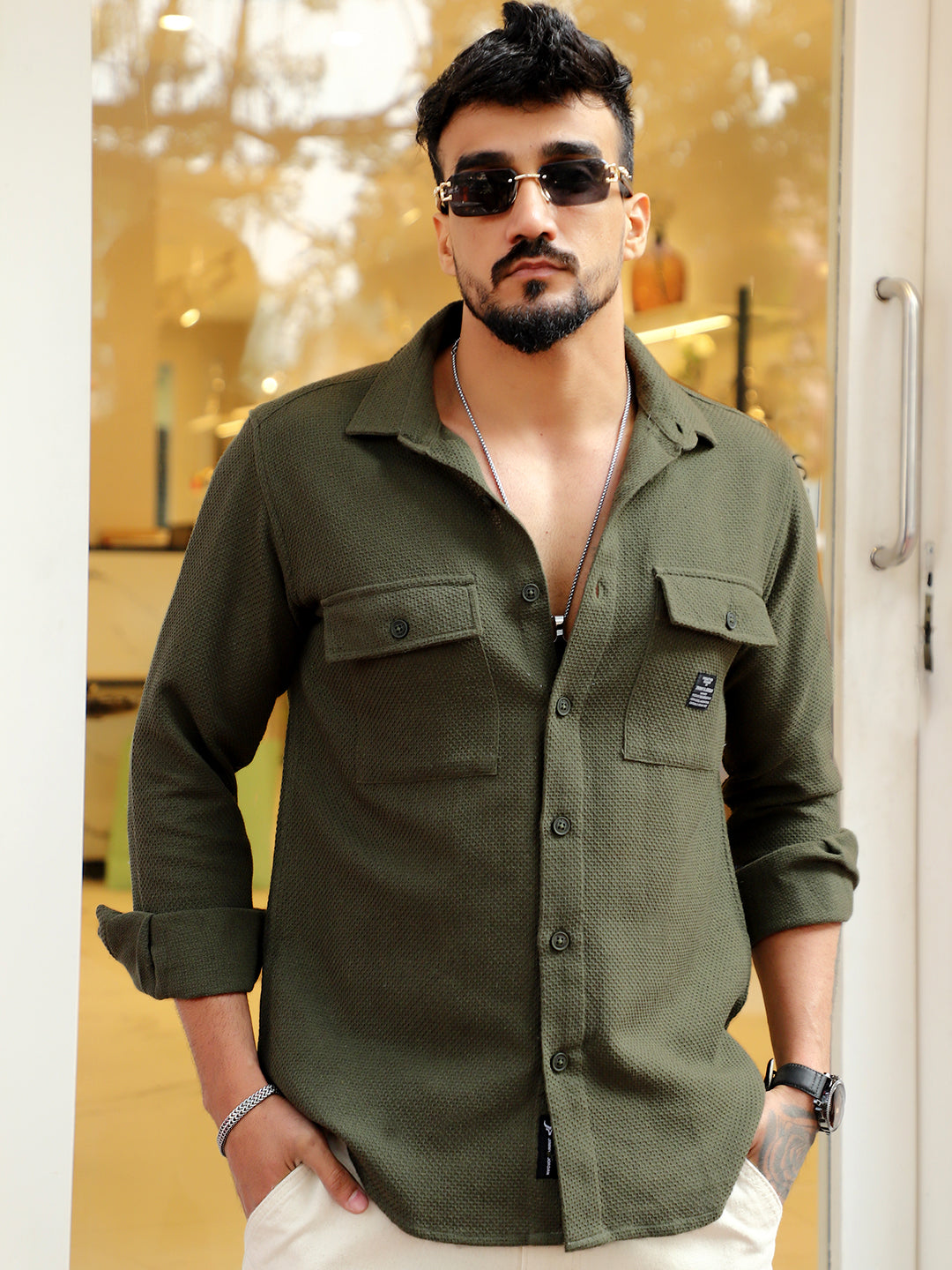 Tuscan Olive Texture Full Sleeve Shirt