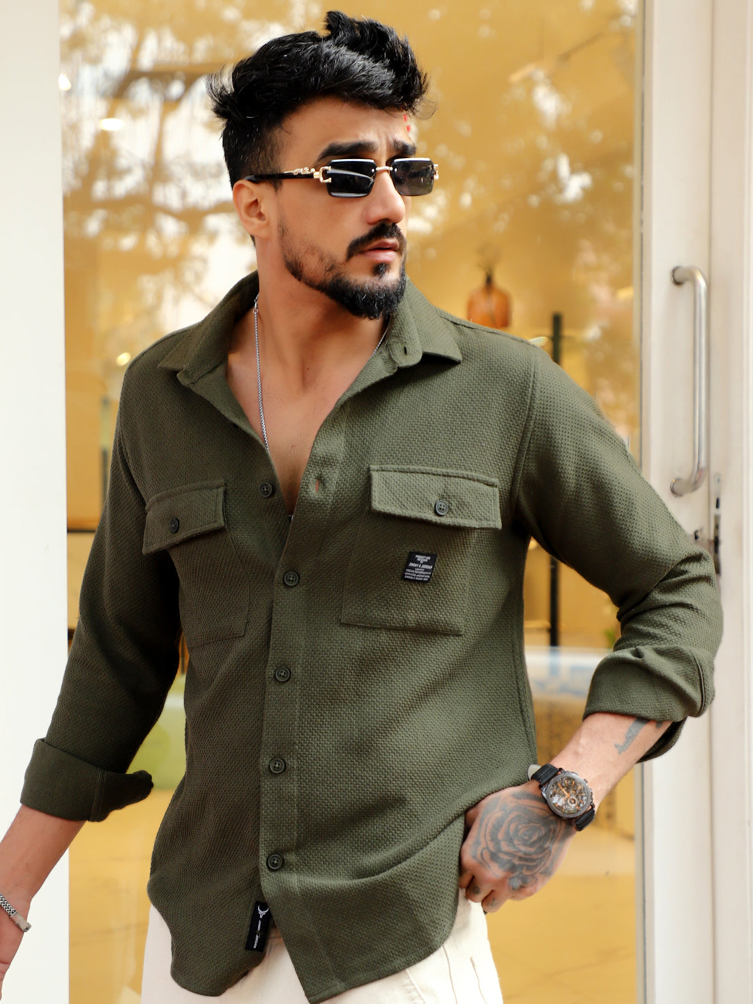 Tuscan Olive Texture Full Sleeve Shirt