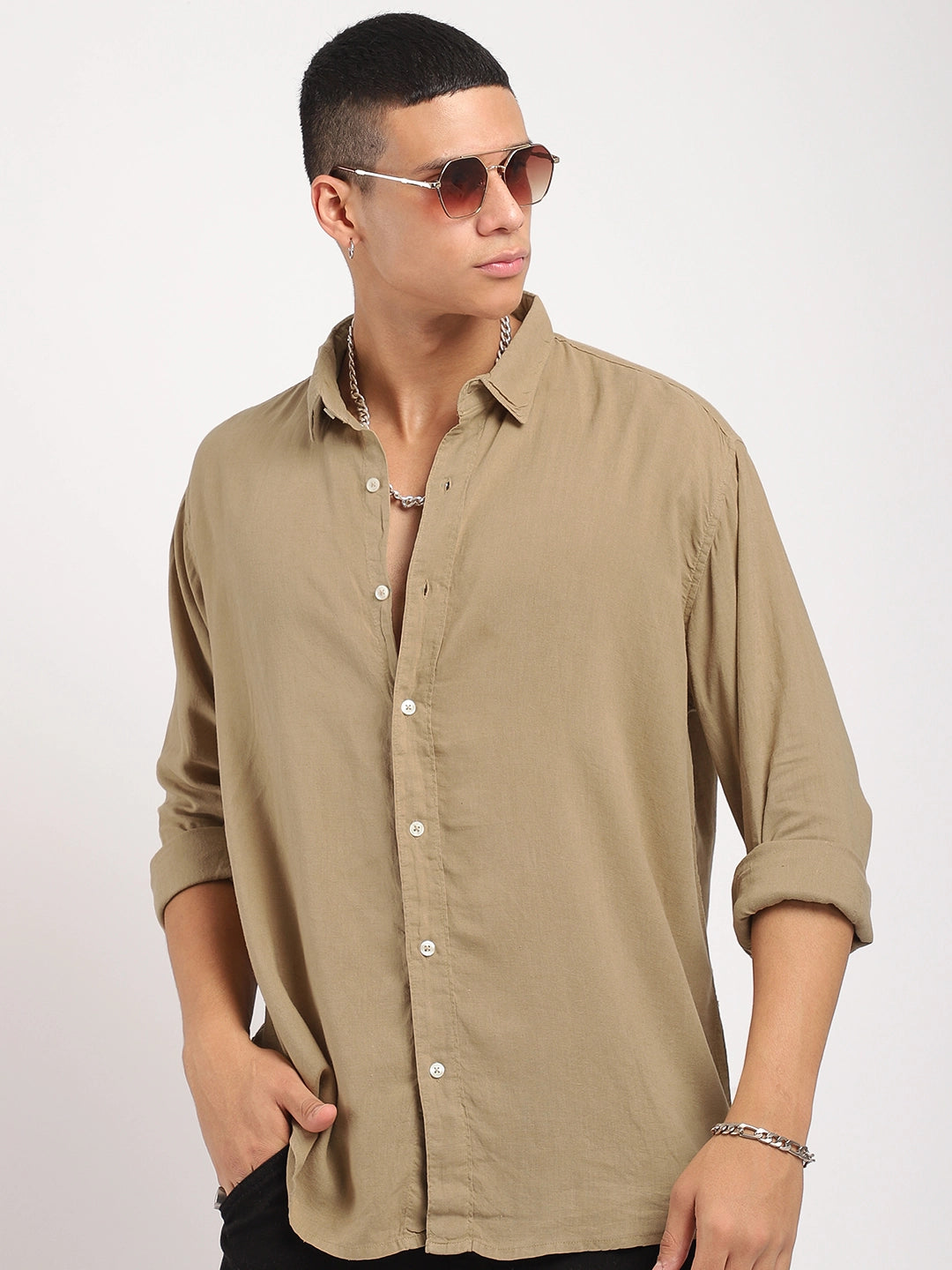 Luxe Lineage Organic Linen Khaki Full Sleeve Shirt