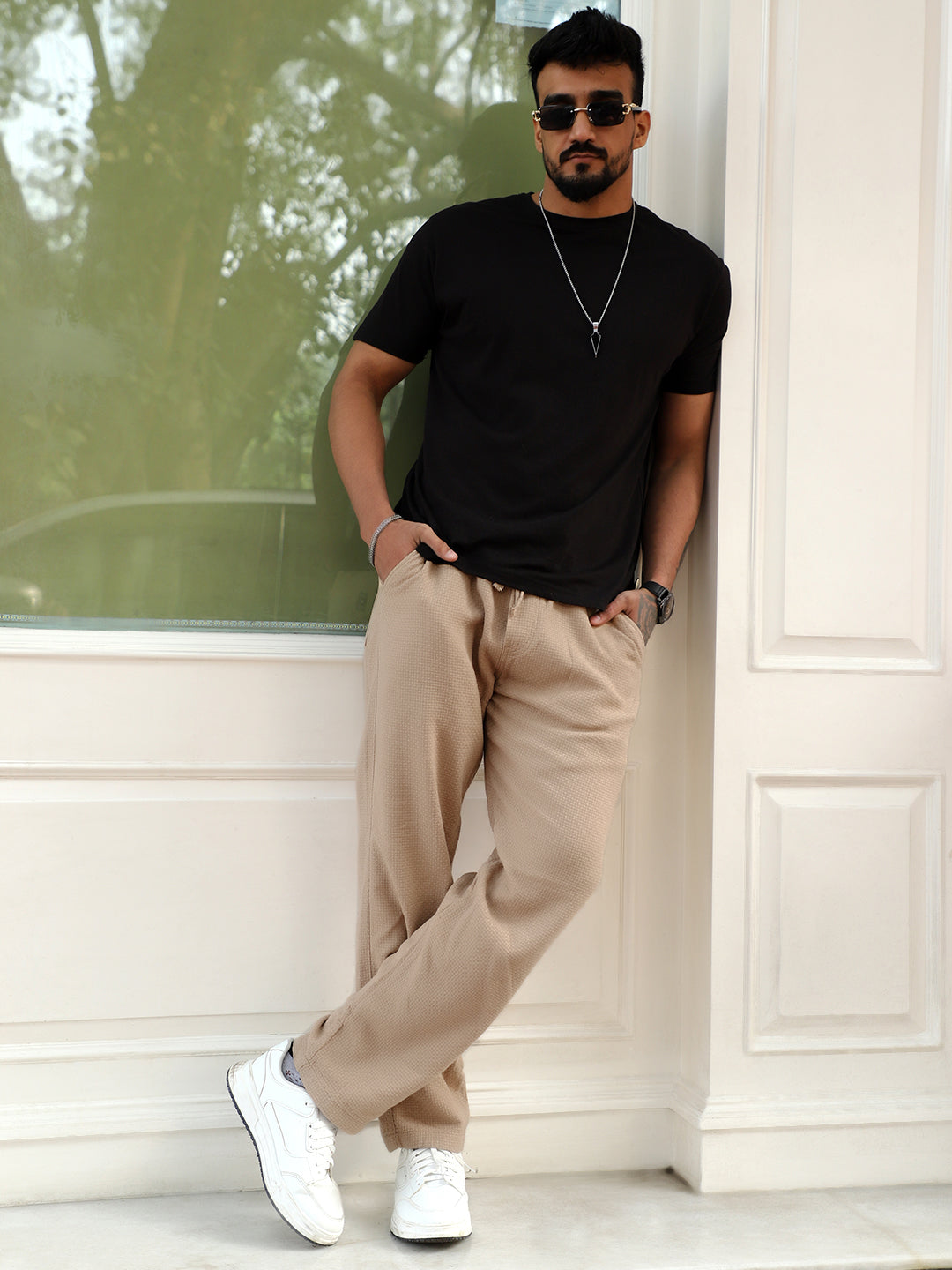 Aurelian Beige Baggy Fit Texture Trouser