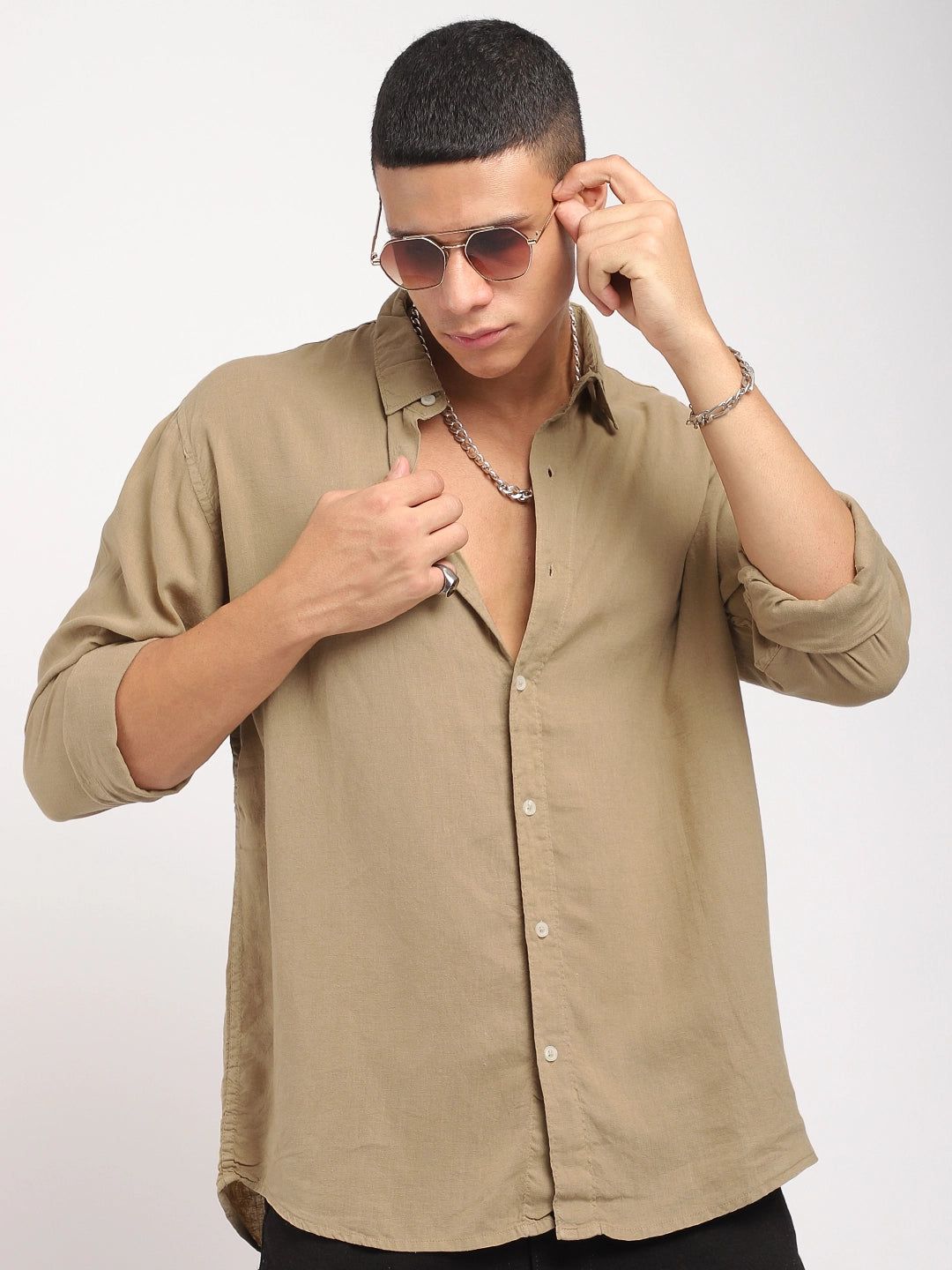 Luxe Lineage Organic Linen Khaki Full Sleeve Shirt