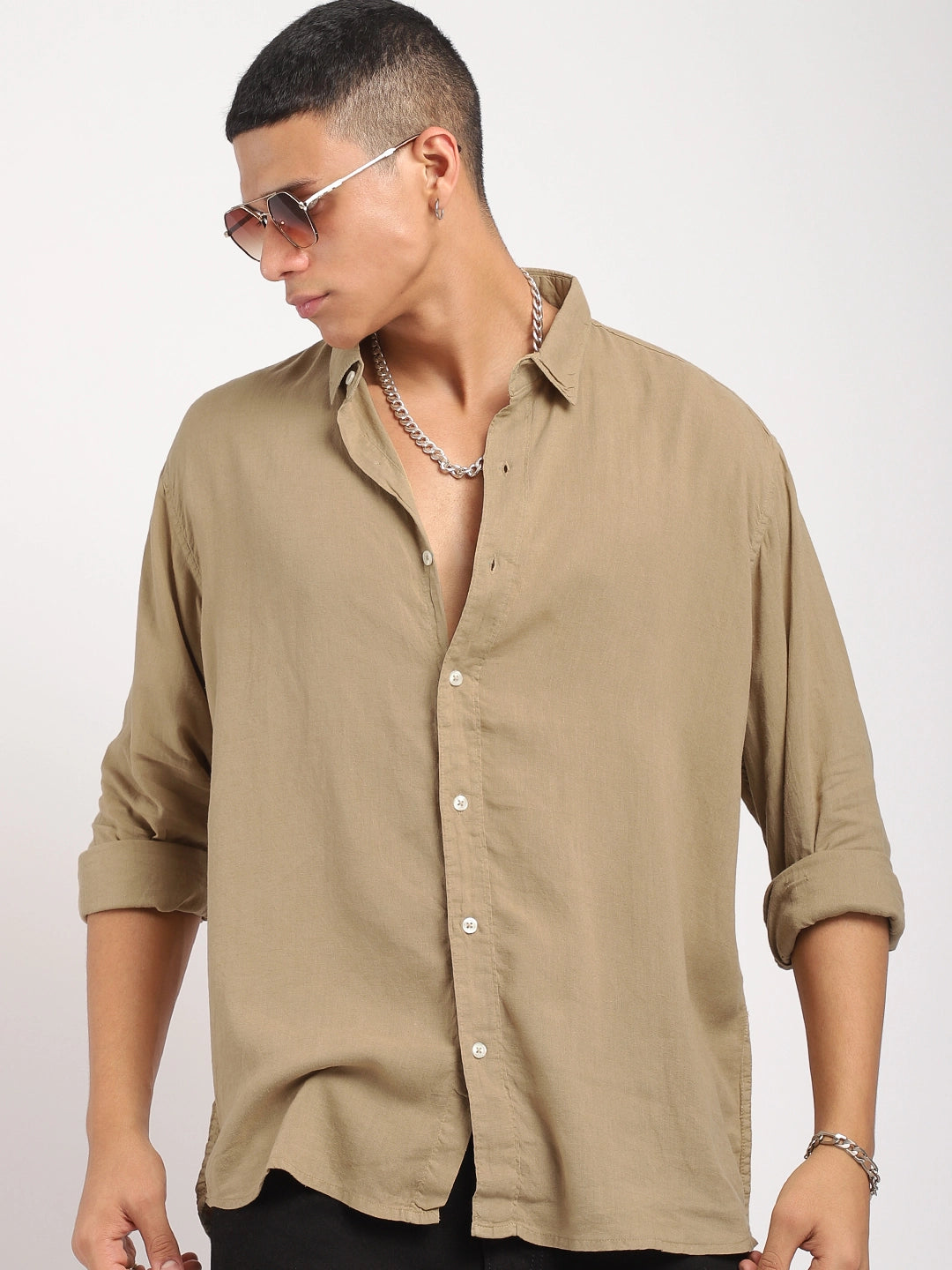 Luxe Lineage Organic Linen Khaki Full Sleeve Shirt