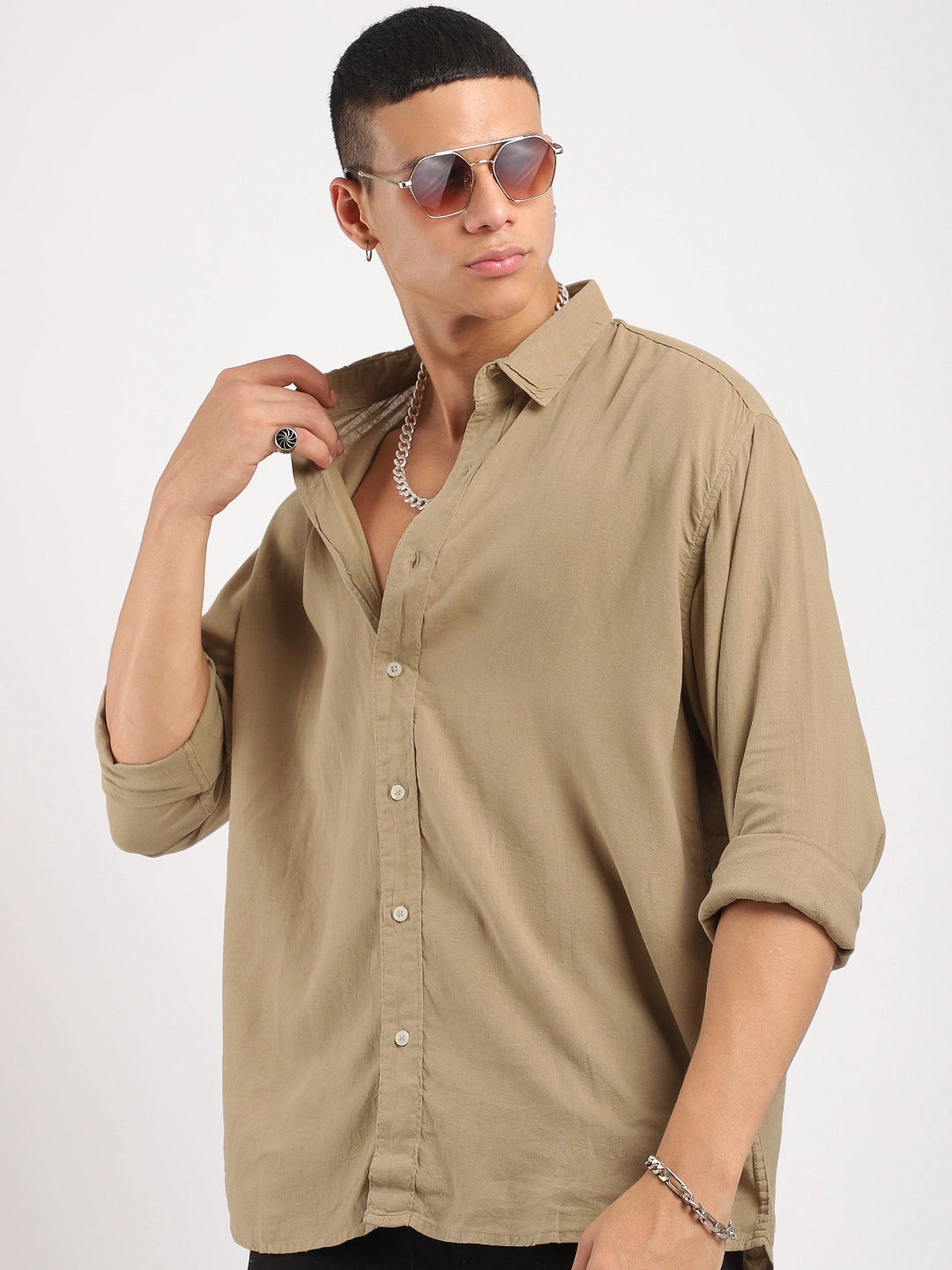 Luxe Lineage Organic Linen Khaki Full Sleeve Shirt