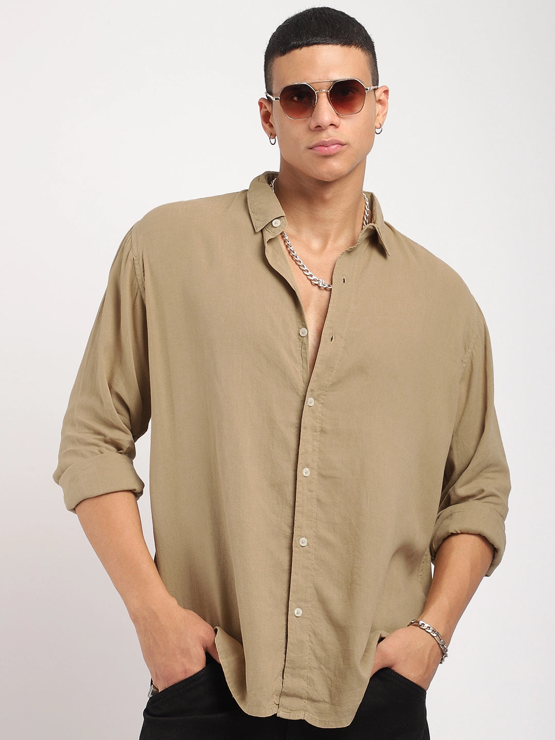 Luxe Lineage Organic Linen Khaki Full Sleeve Shirt