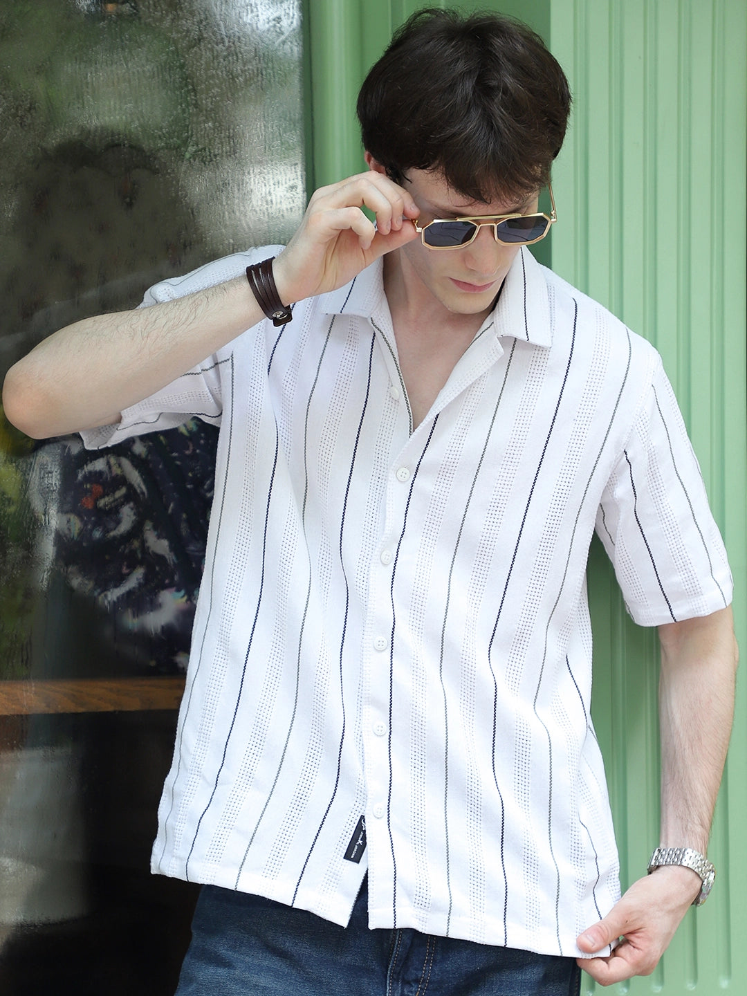 Offbeat Linen White Half Sleeve Stripe Shirt