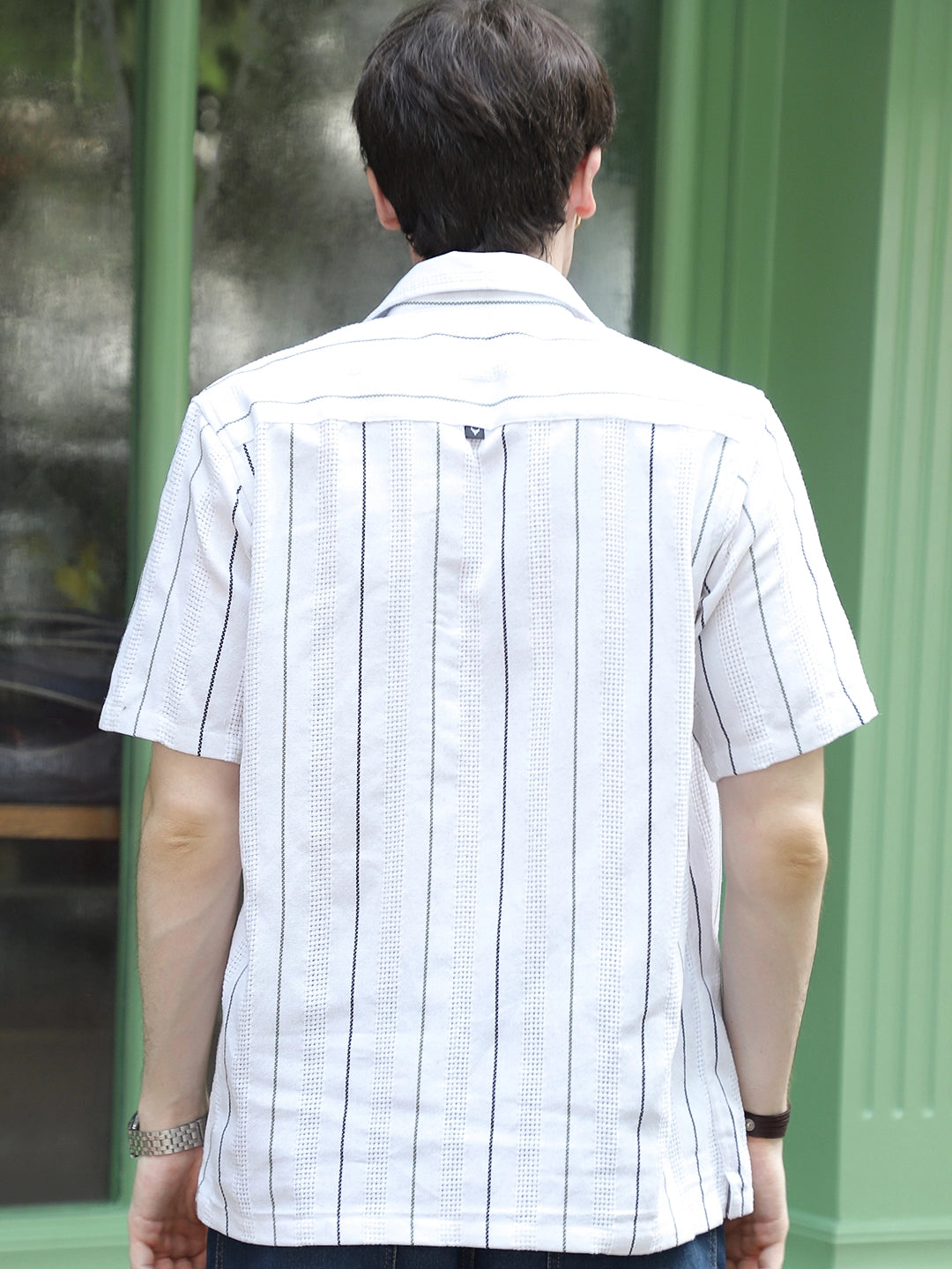 Offbeat Linen White Half Sleeve Stripe Shirt