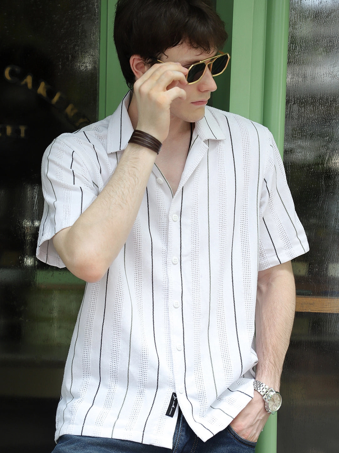 Offbeat Linen White Half Sleeve Stripe Shirt
