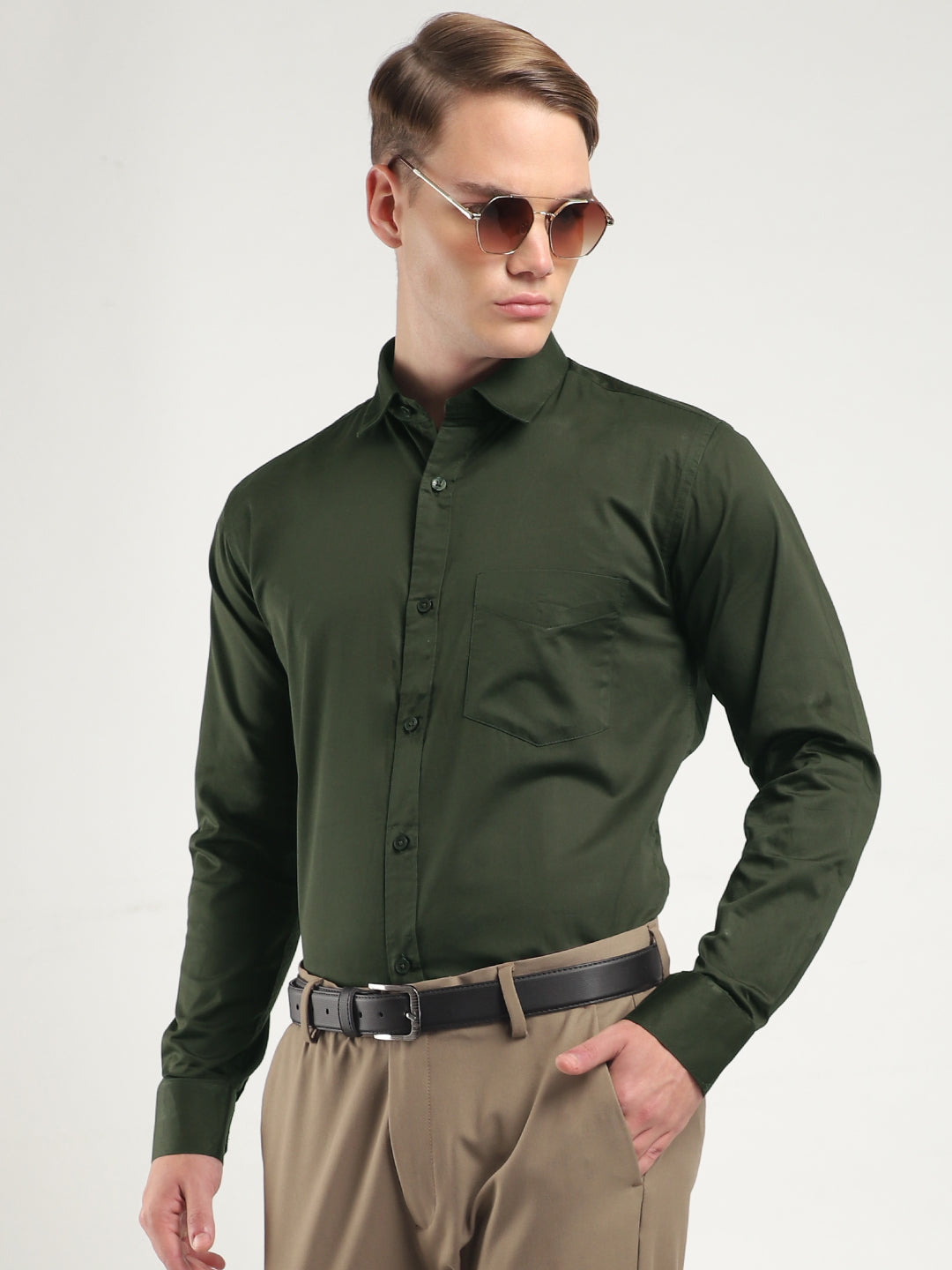 Dark Green Satin Plain Shirt
