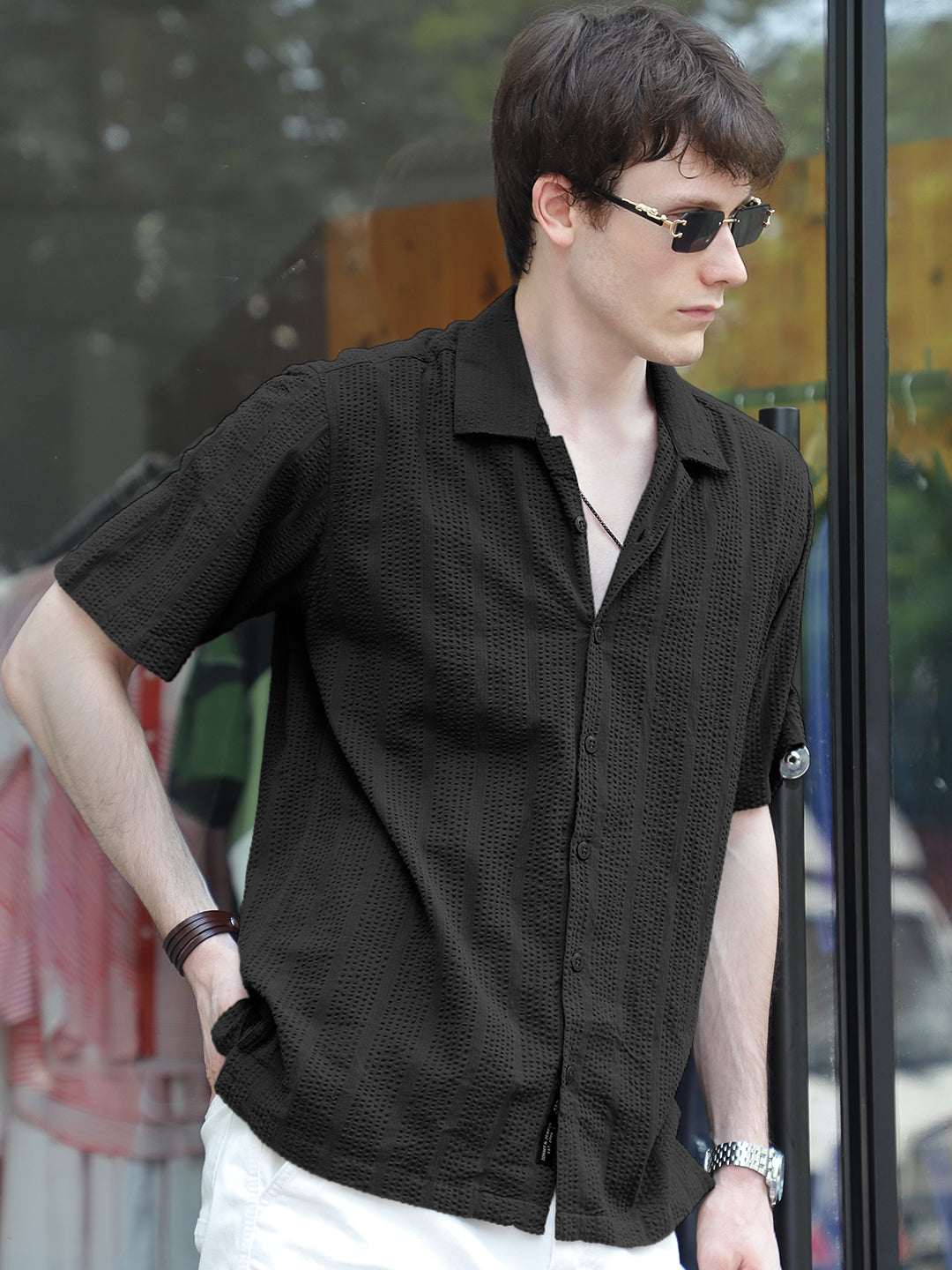 Solven Textured Black Half Sleeve Shirt