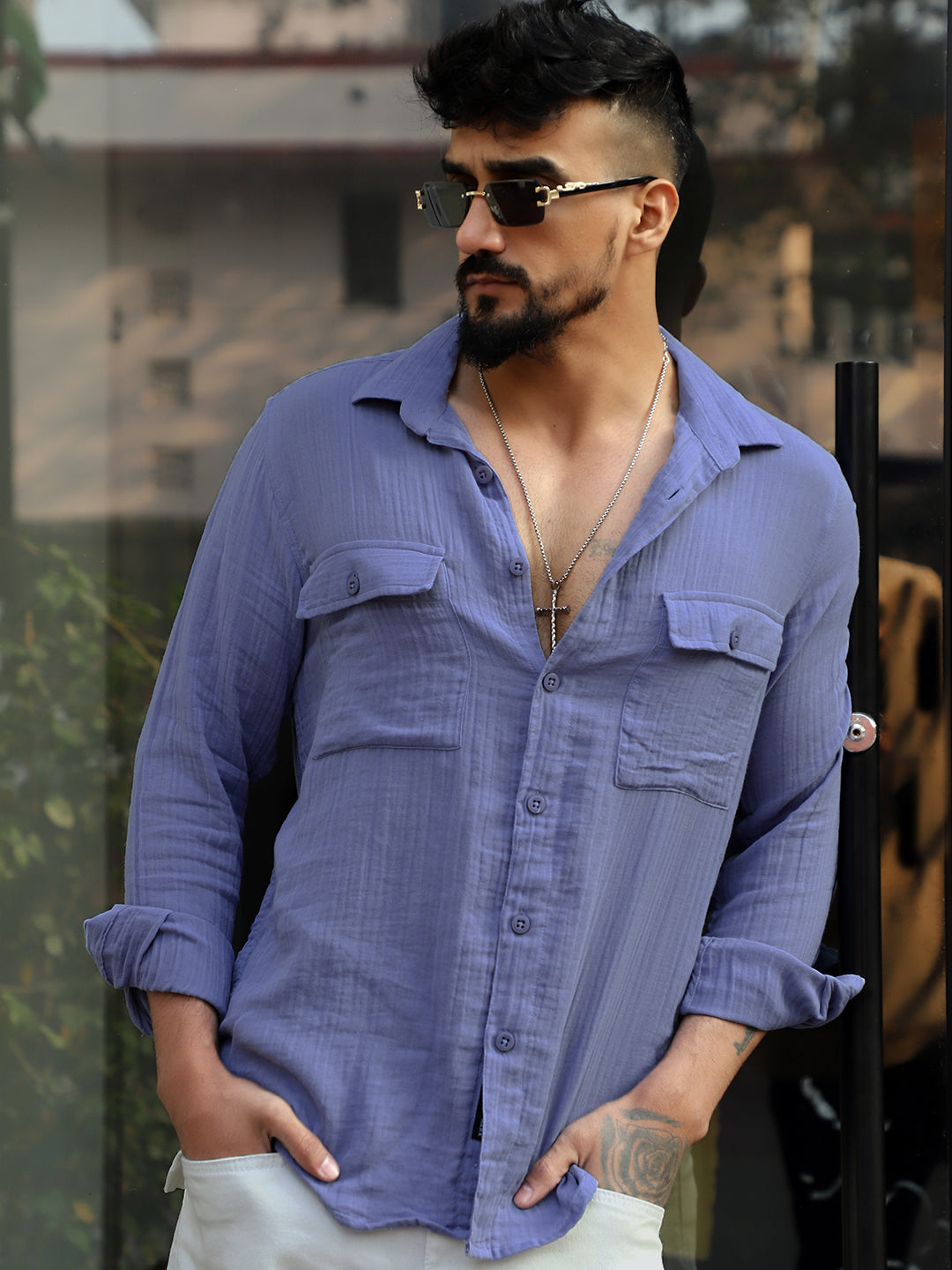 Vero Vibe Lucas Double Clothe Marble Blue Shirt