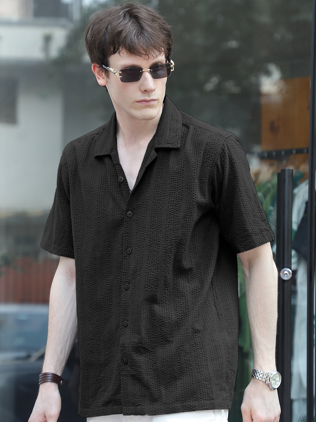 Solven Textured Black Half Sleeve Shirt