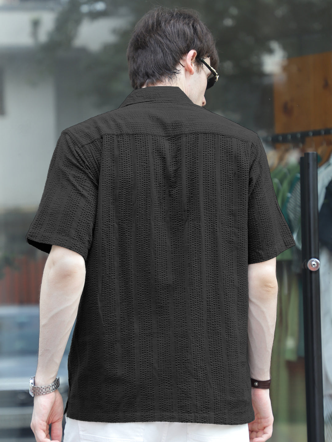 Solven Textured Black Half Sleeve Shirt