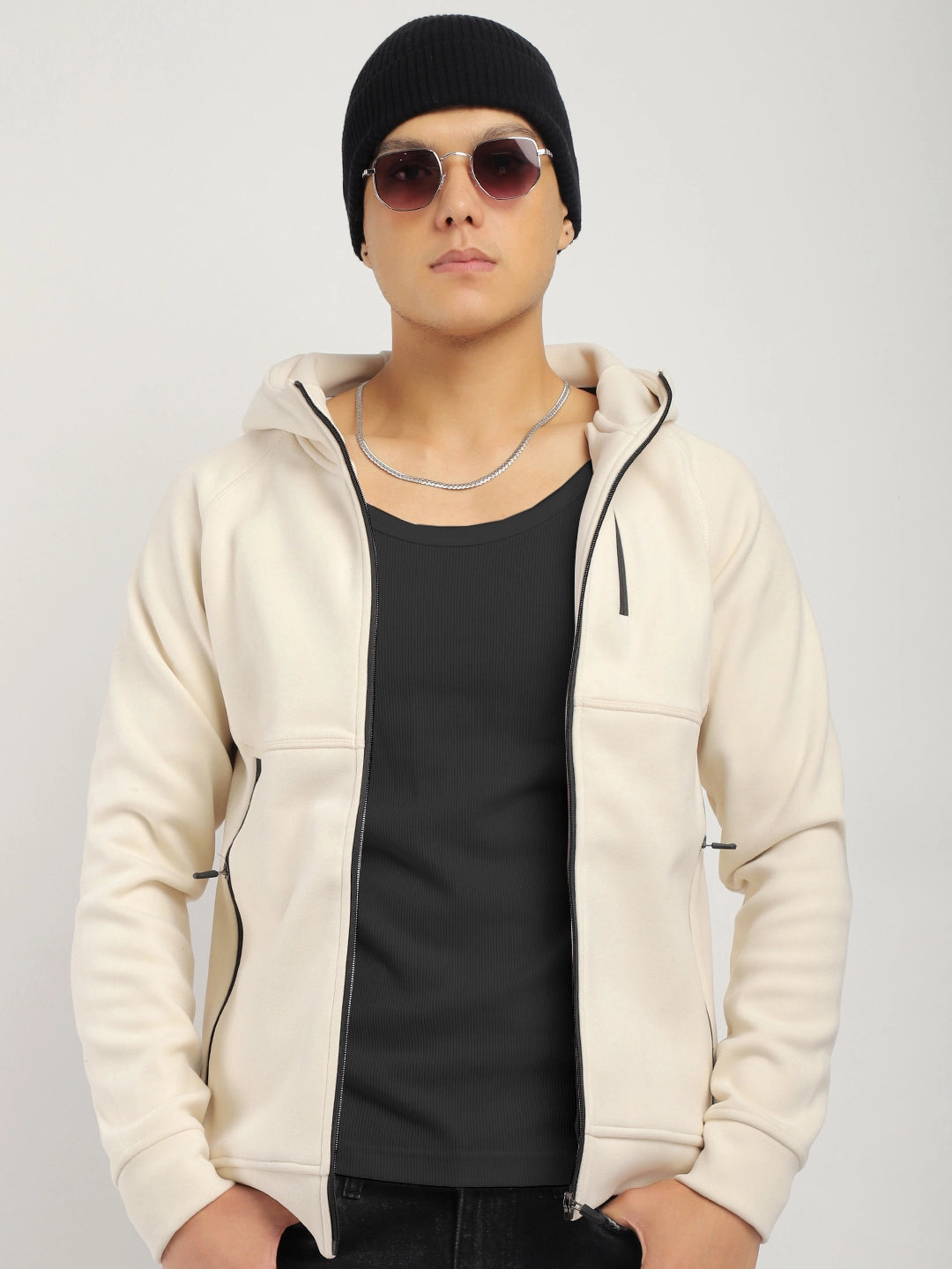 Beige Zipper Hoodie Men