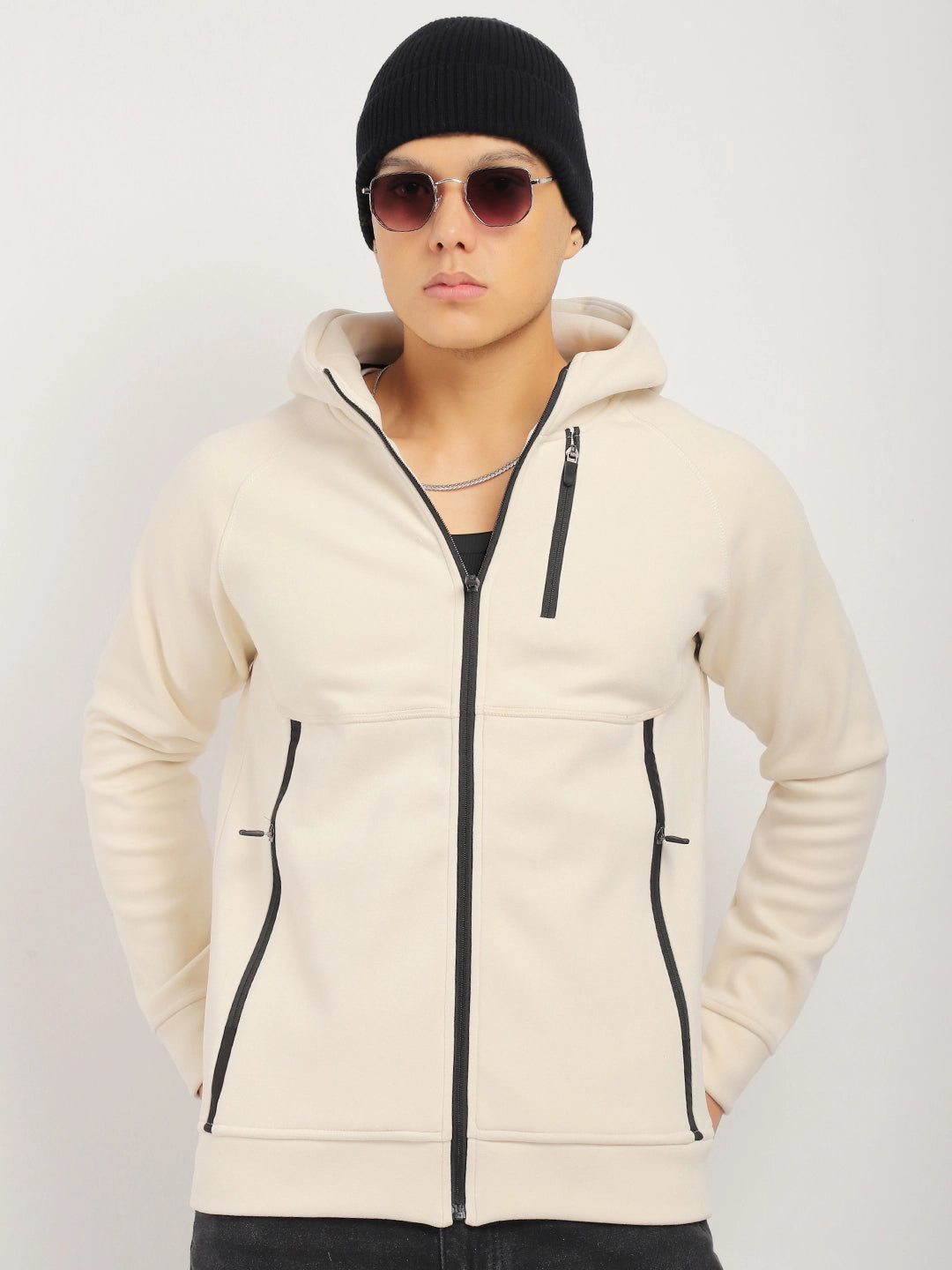 Beige Zipper Hoodie Men
