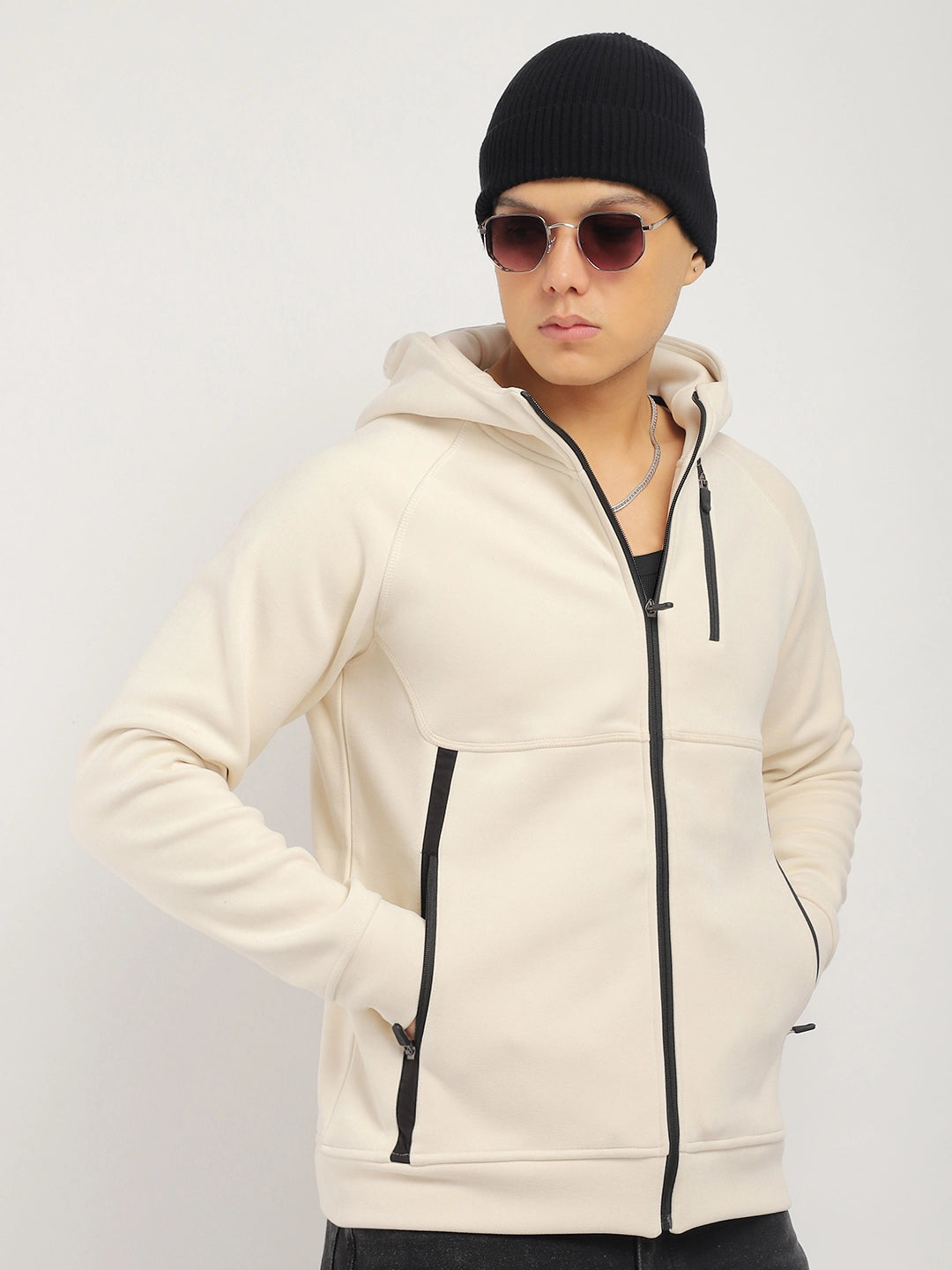 Beige Zipper Hoodie Men