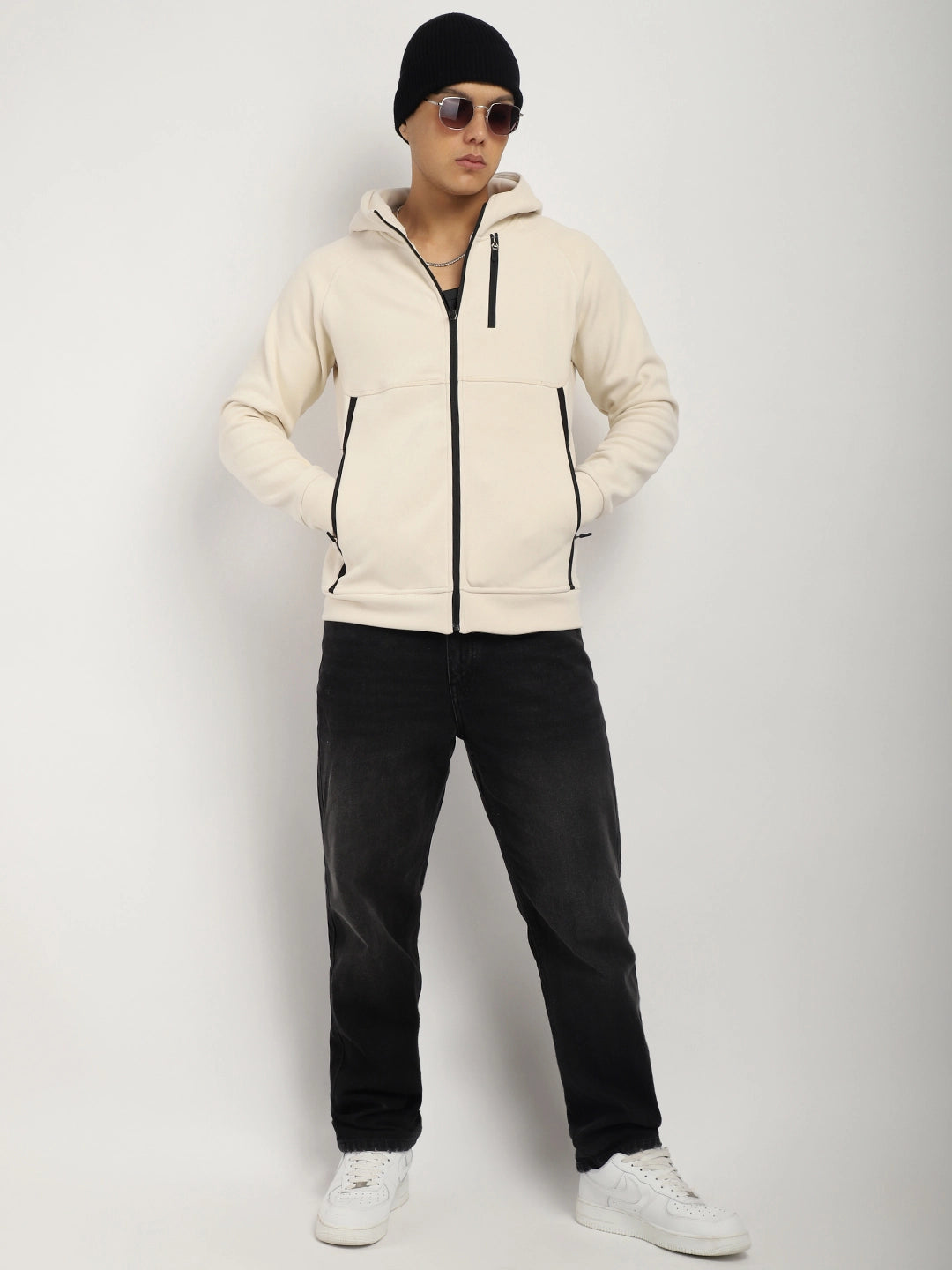 Beige Zipper Hoodie Men