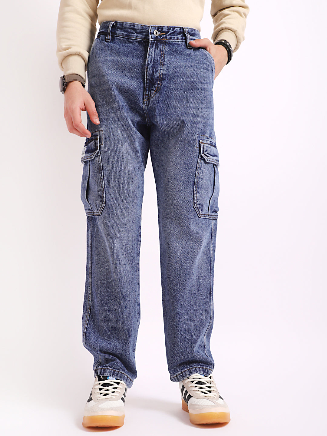 Vireon Azure Blue Baggy Fit Denim Cargo
