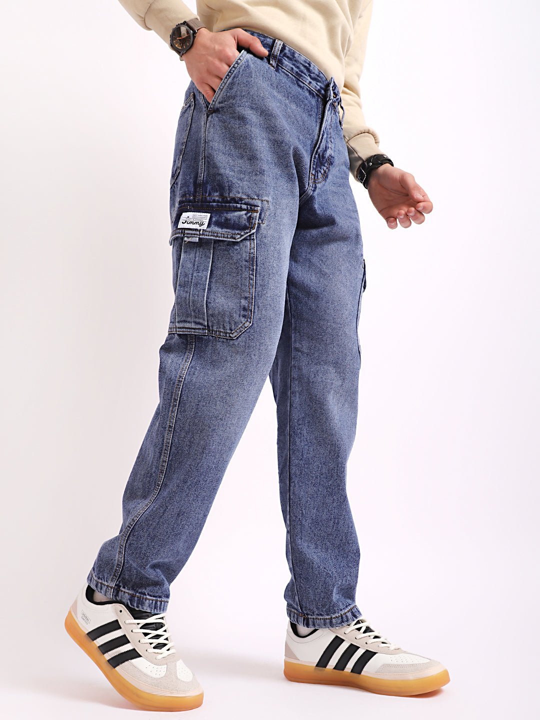 Vireon Azure Blue Baggy Fit Denim Cargo