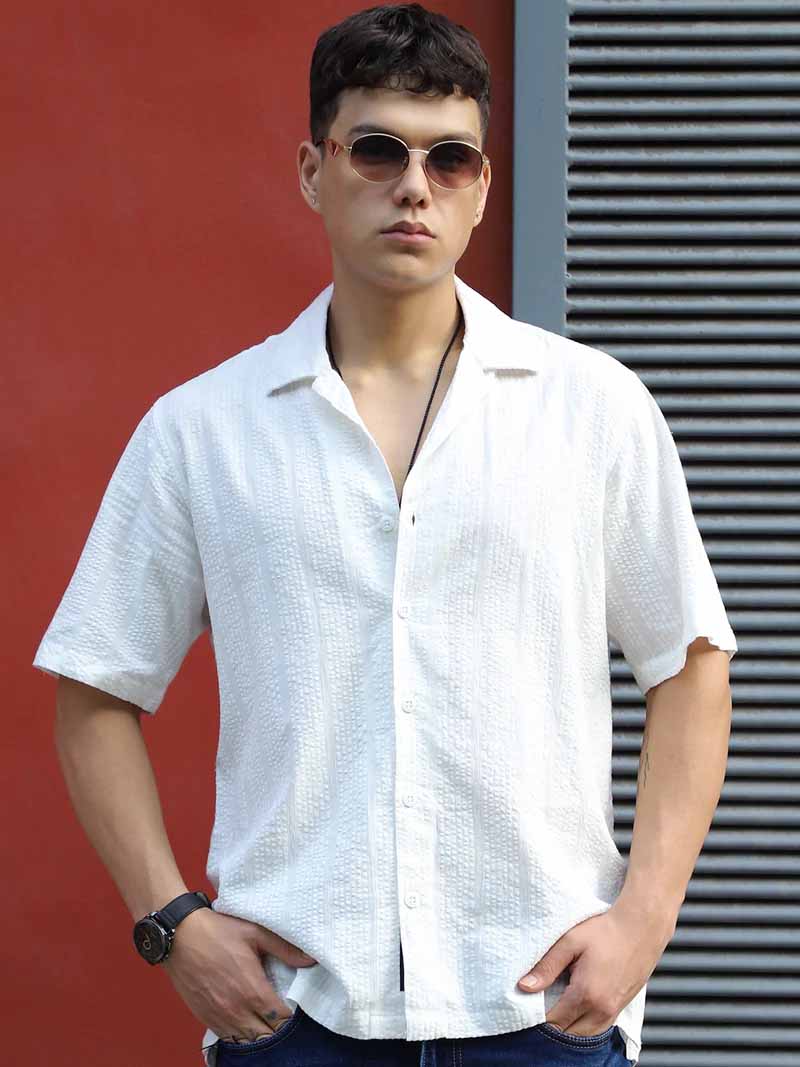 Solven Textured White Half Sleeve Shirt