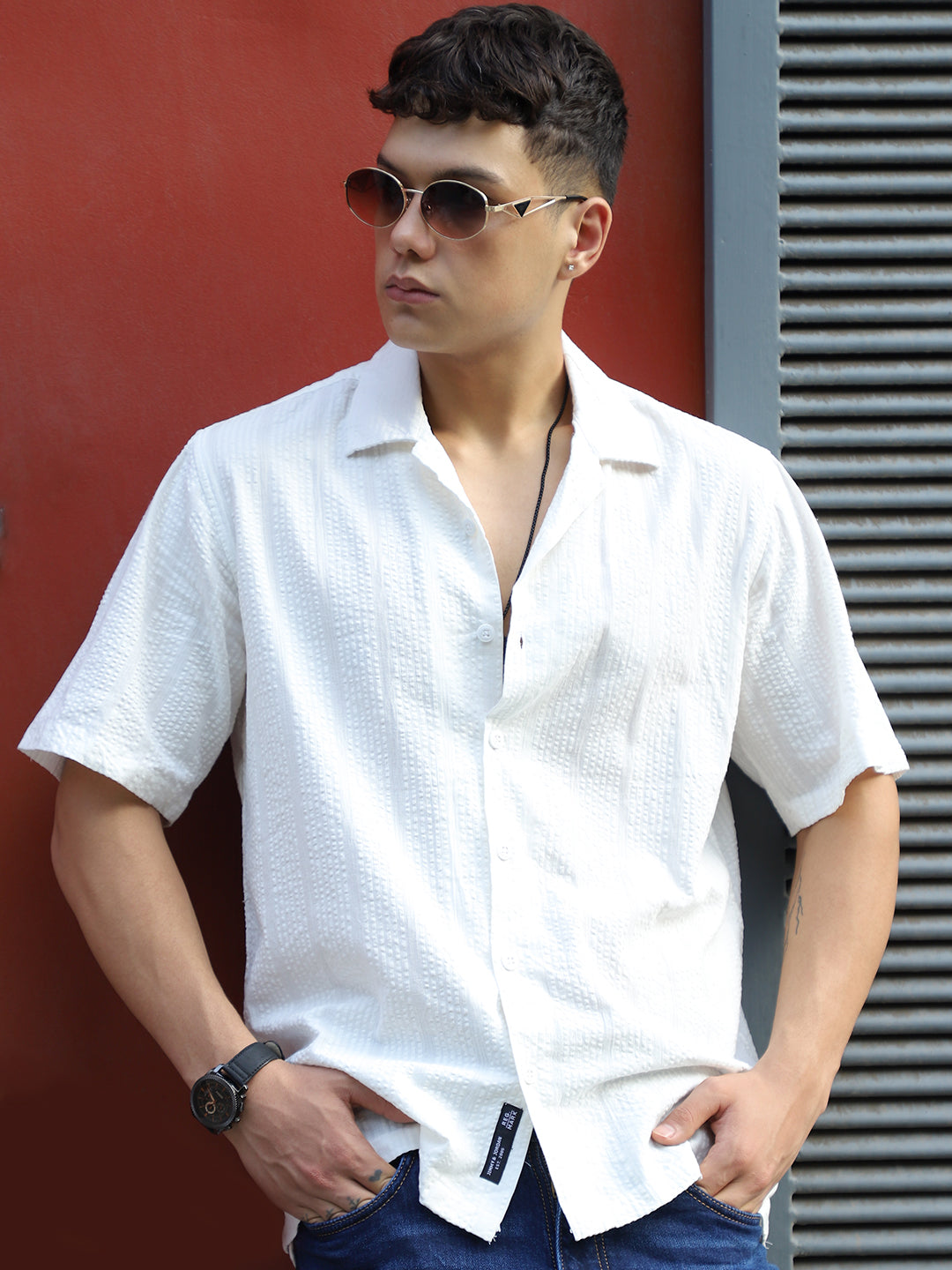 Solven Textured White Half Sleeve Shirt
