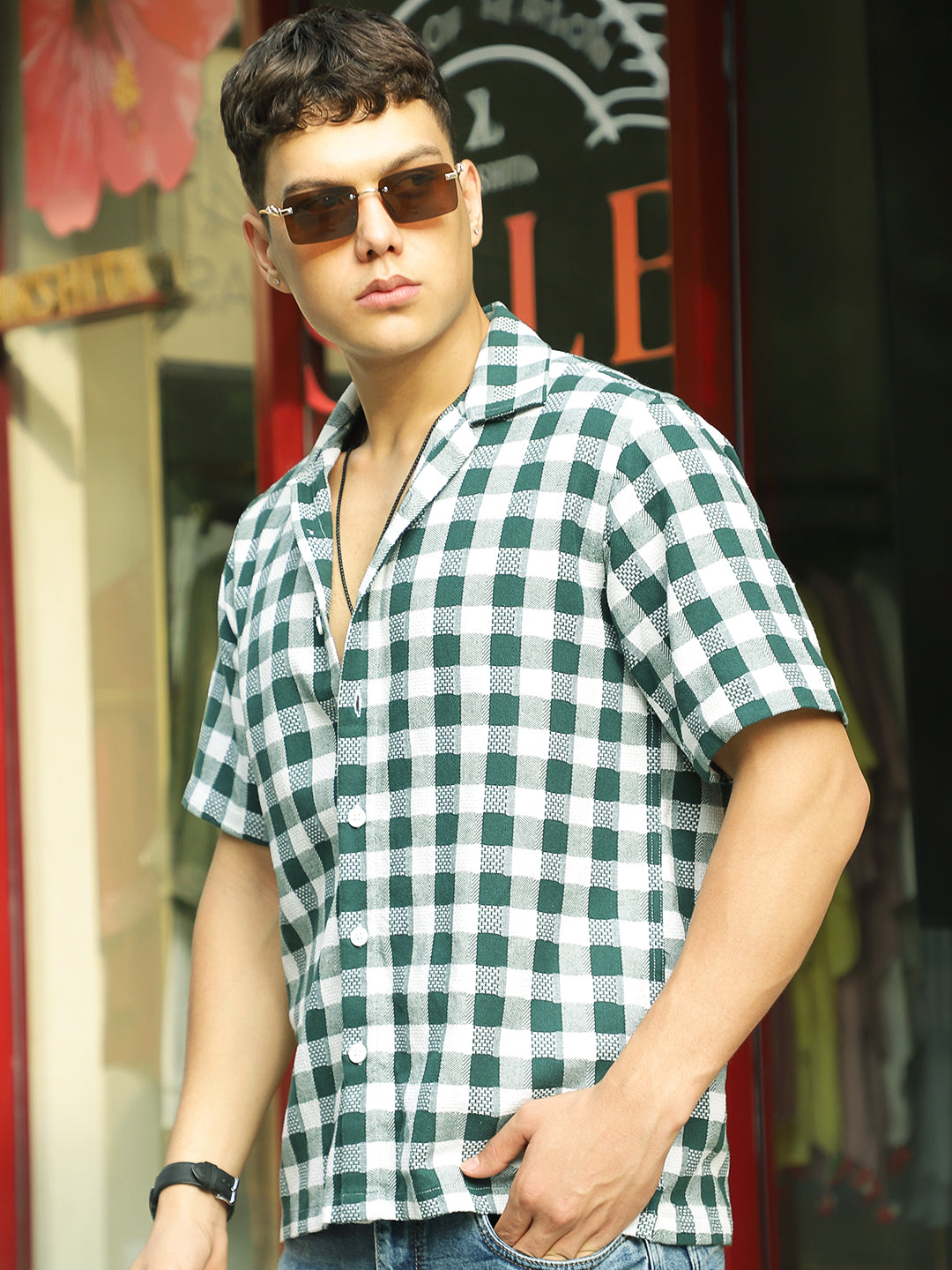 Citrus Dark Green Half Sleeve Check Shirt