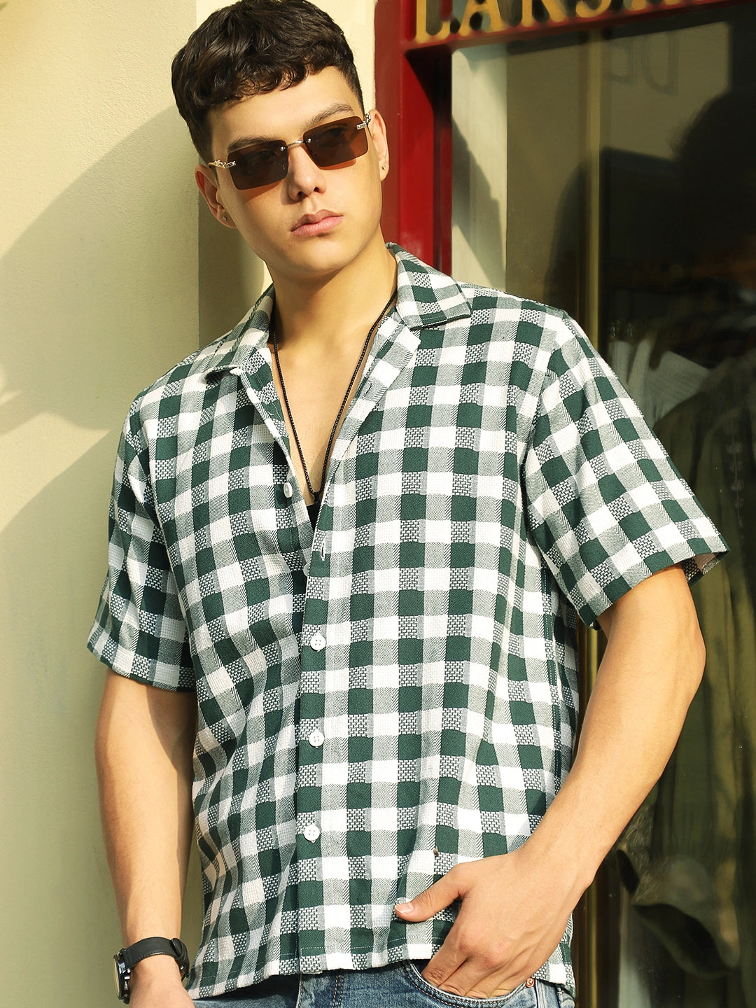 Citrus Dark Green Half Sleeve Check Shirt