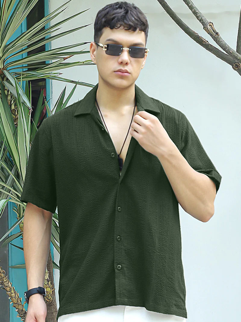 Solven Textured Olive Green Half Sleeve Shirt